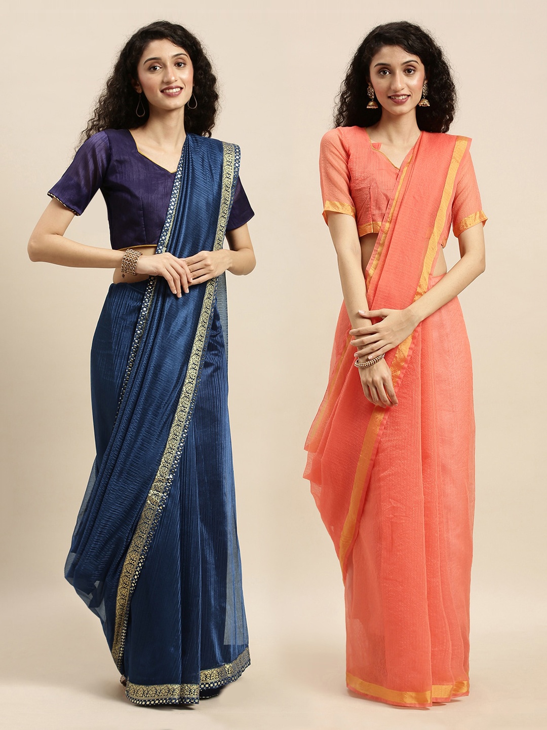 

Florence Set of 2 Navy Blue & Peach Solid Art Silk Saree