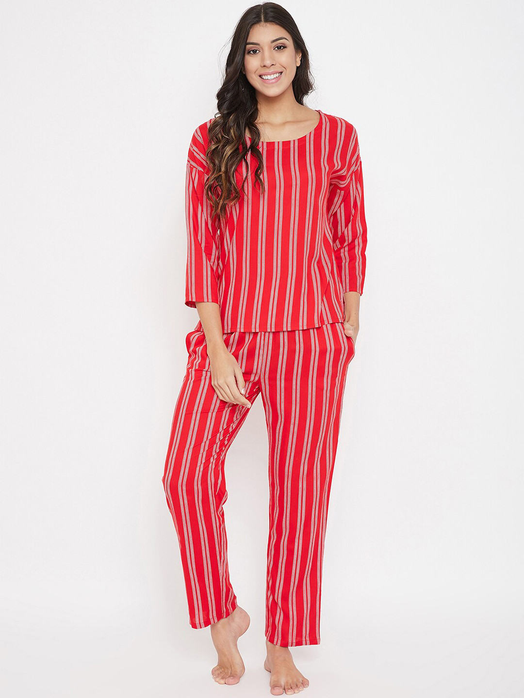 

Clovia Women Red & White Striped Night Suit