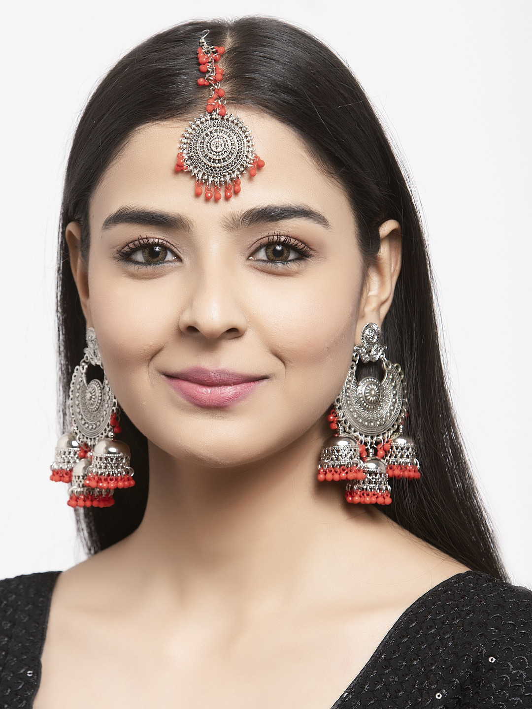 

Shining Diva Oxidised Silver-Toned & Orange Beaded Jewellery Set