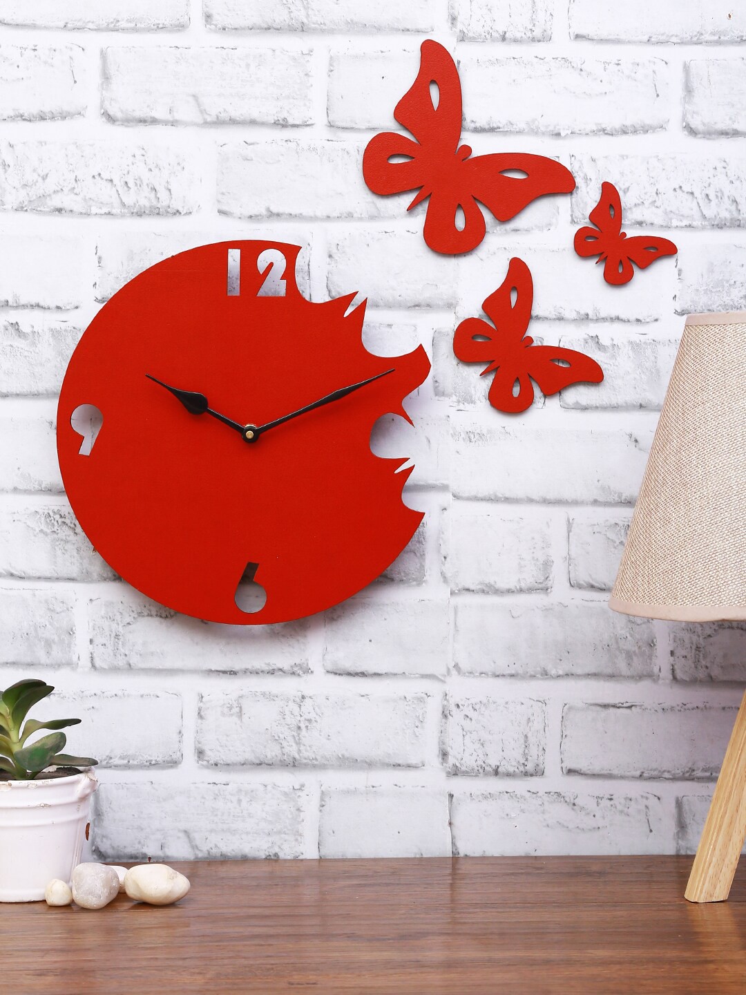 

ROMEE Red Round Textured 27 cm Butterfly Designer Wooden Wall Clock