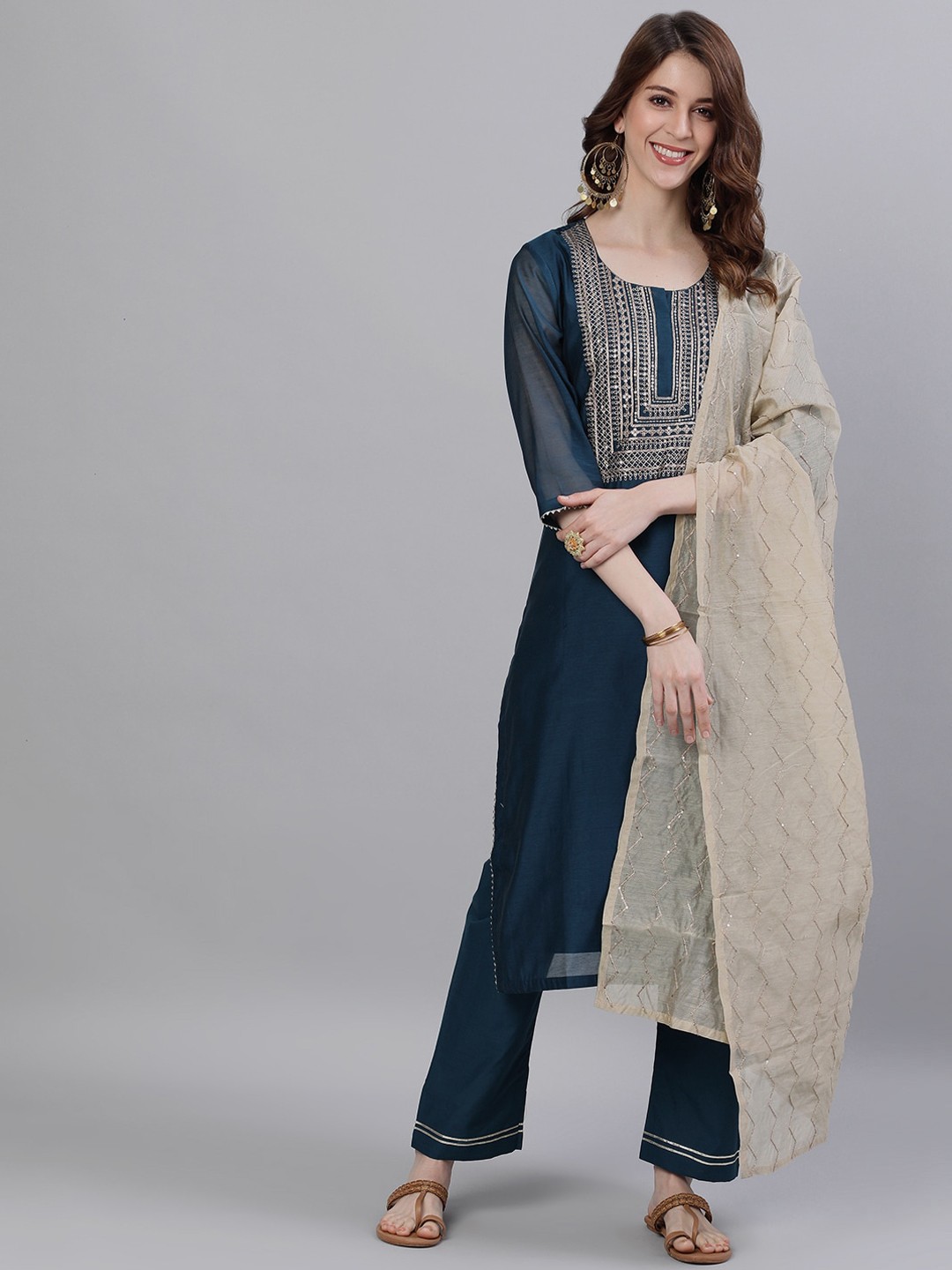 

Ishin Women Teal & Beige Yoke Design Kurta with Trousers & Dupatta