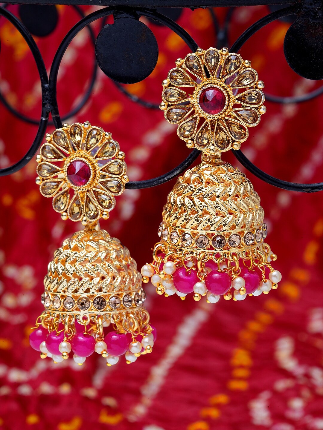 

Shining Diva Gold-Plated Pink Dome Shaped Jhumkas