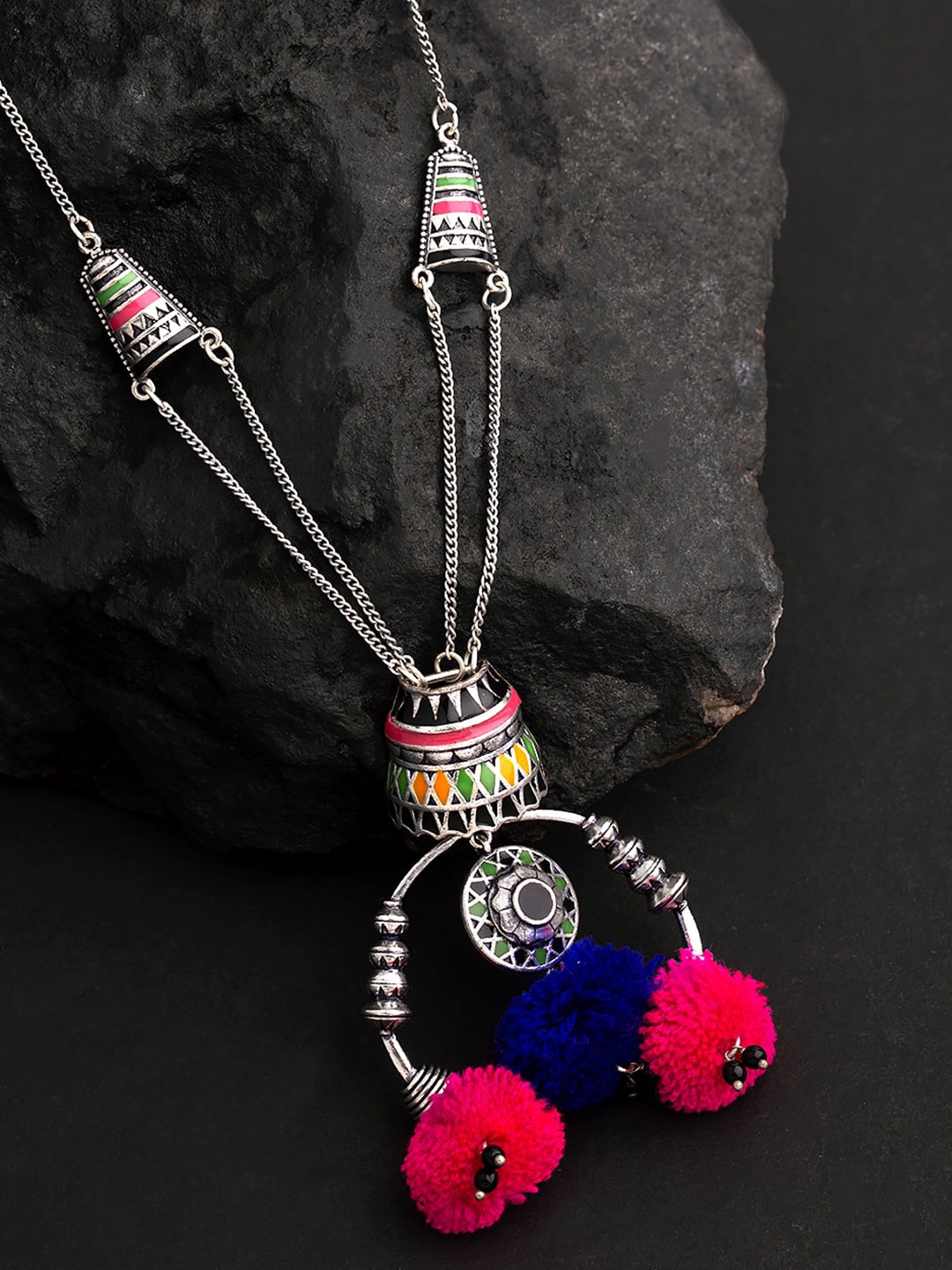 

Voylla Blue & Pink Brass Silver-Plated Pom-Pom Necklace