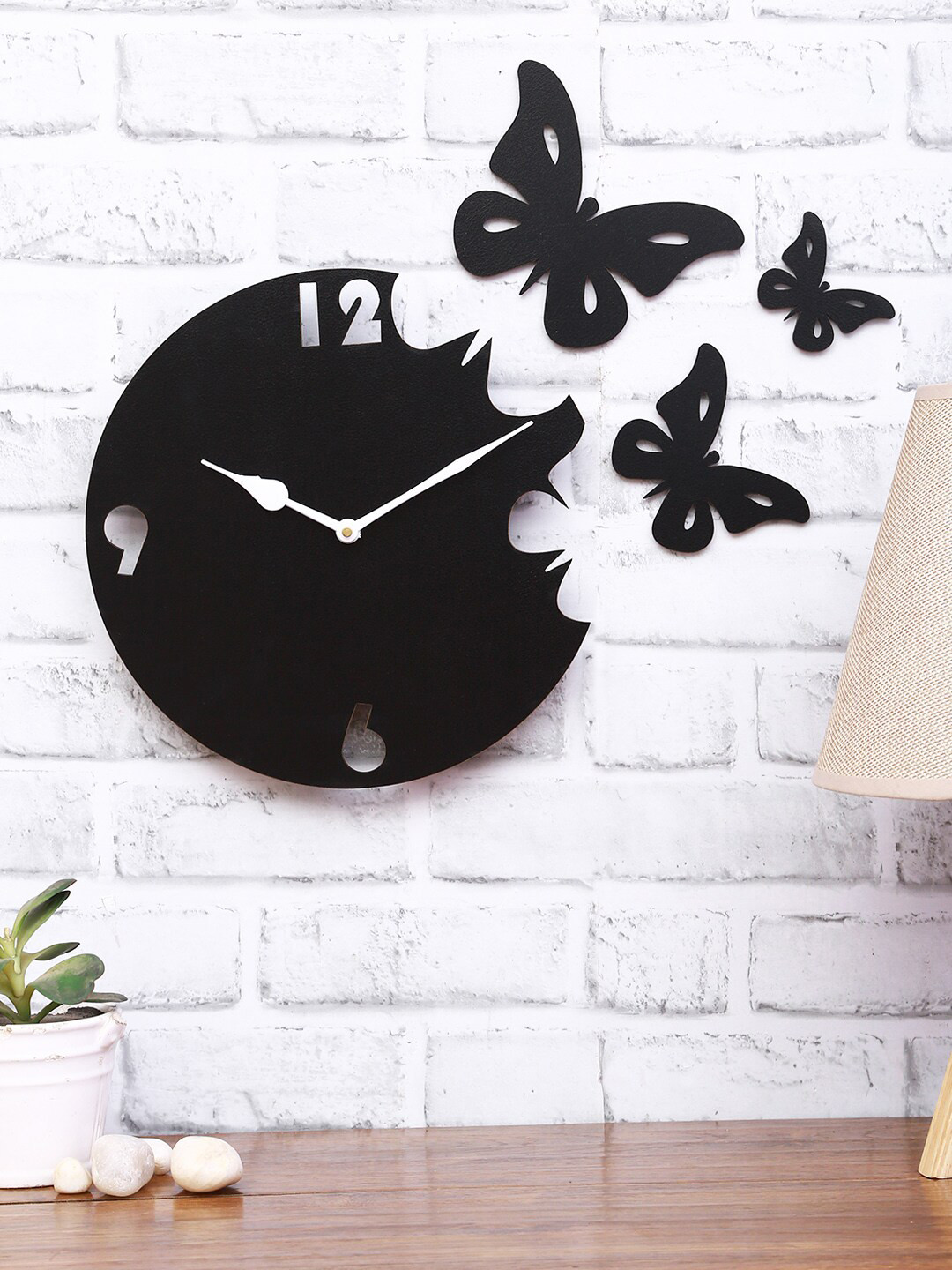 

ROMEE Black Round Textured 27 cm Butterfly Designer Wooden Wall Clock