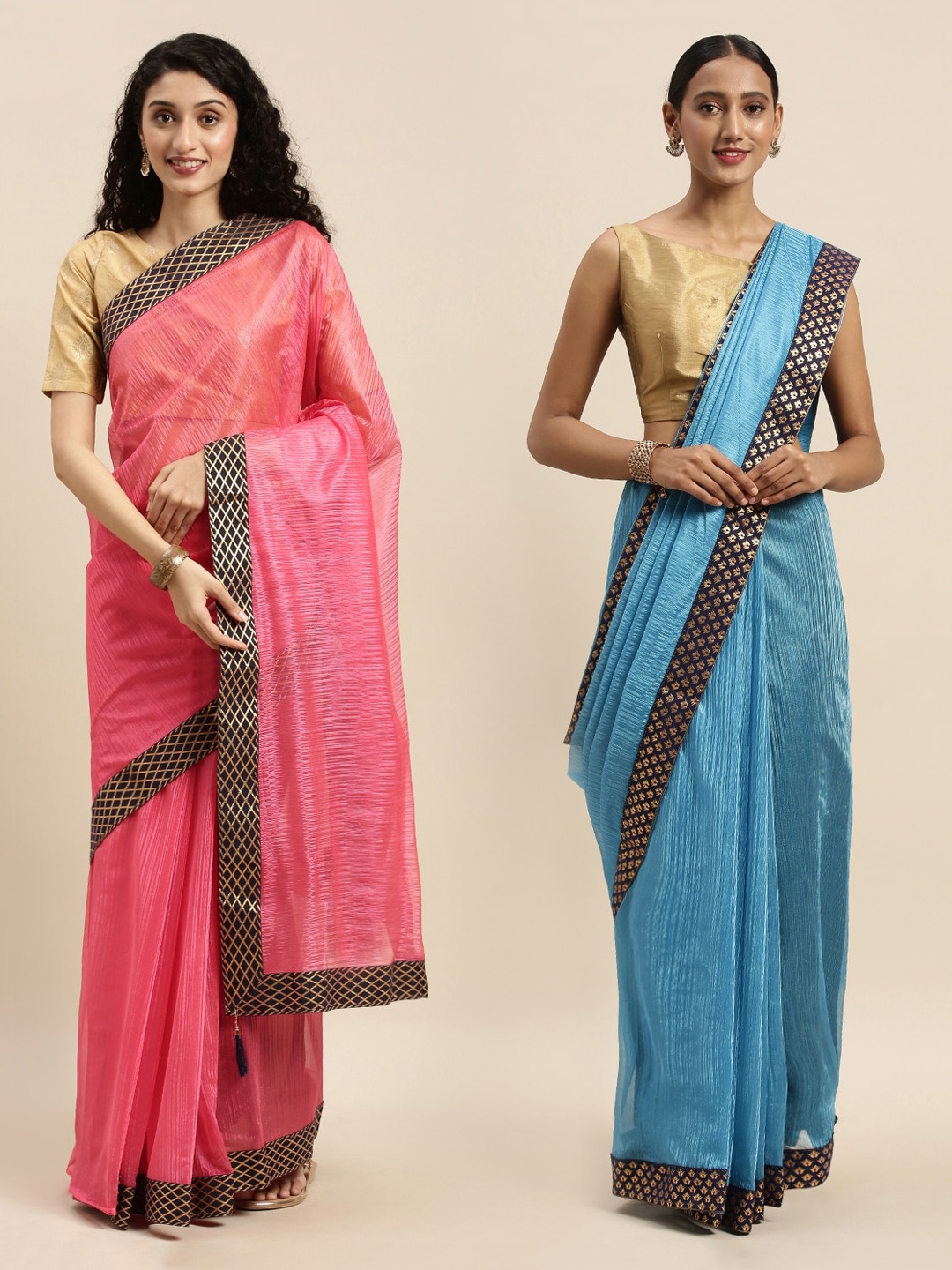 

Florence Pink & Blue Art Silk Solid Saree with Zari Border Pack of 2