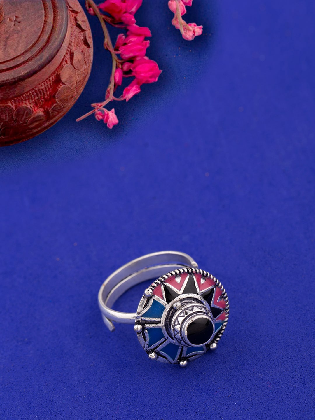 Voylla Silver-Plated Red & Blue Adjustable Statement Finger Ring