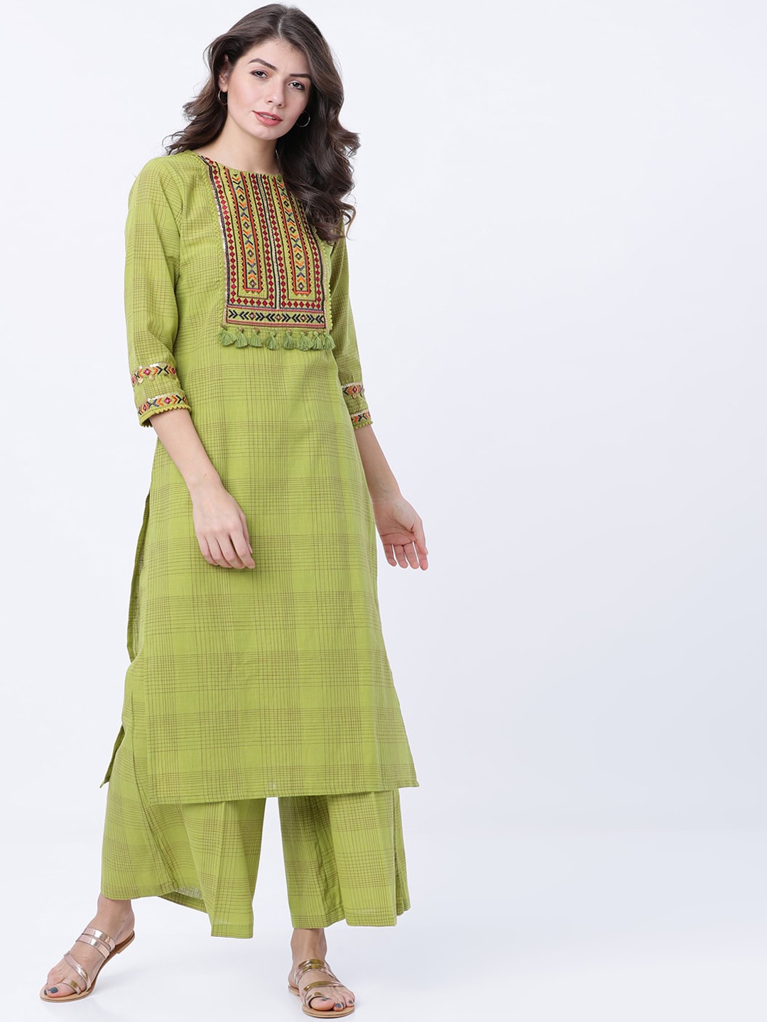 

Vishudh Women Olive Green Embroidered Kurta with Palazzos