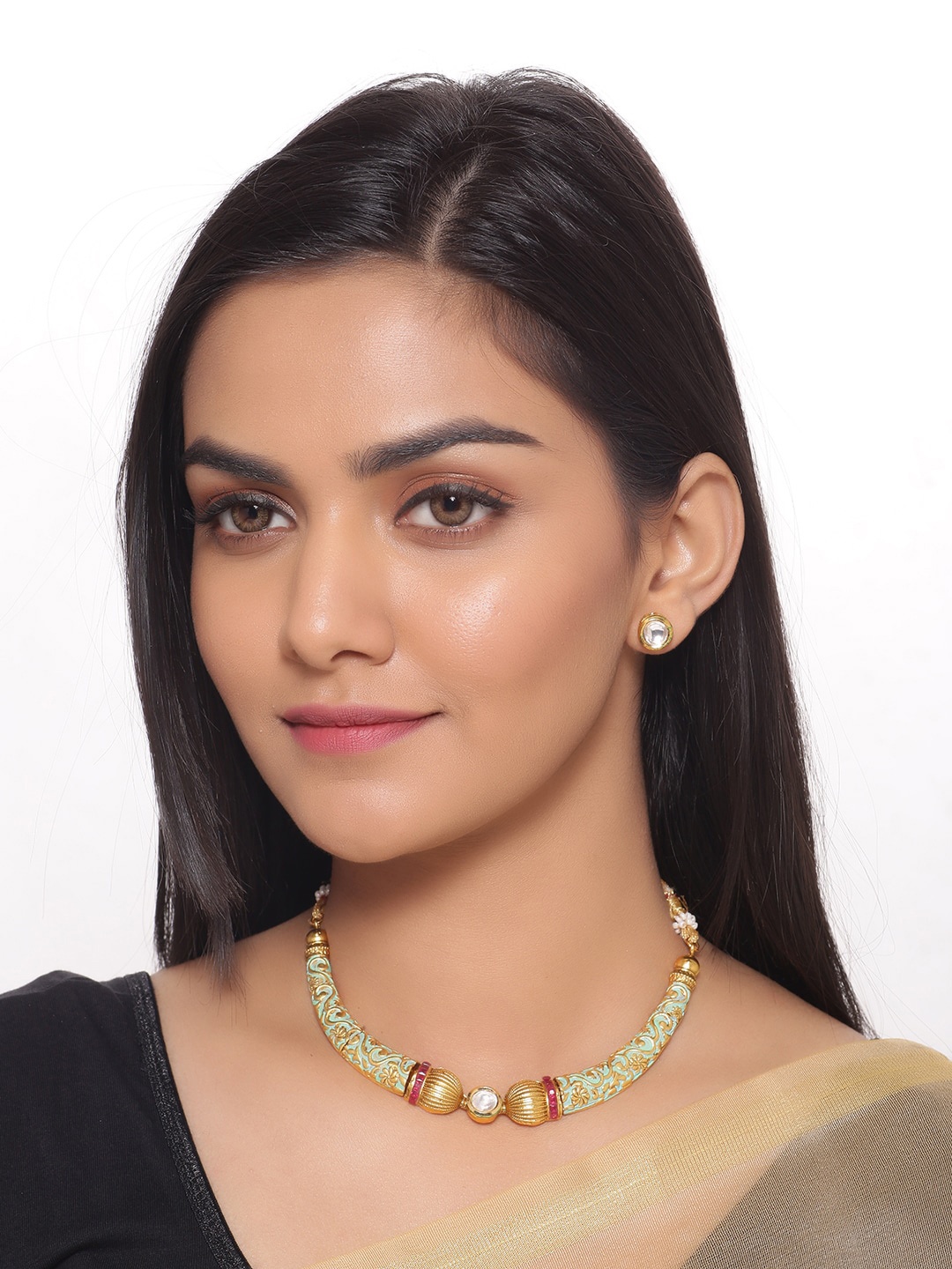 

Shoshaa Gold-Plated Lime Green & White Kundan Studded Enameled Jewellery Set
