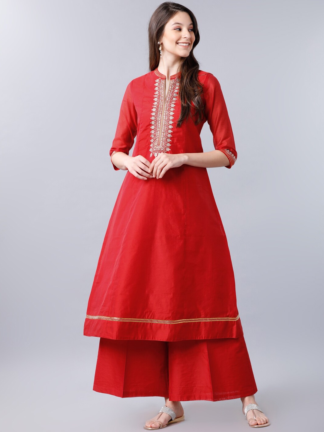 Vishudh Women Red Yoke Design Embroidered A-Line Kurta
