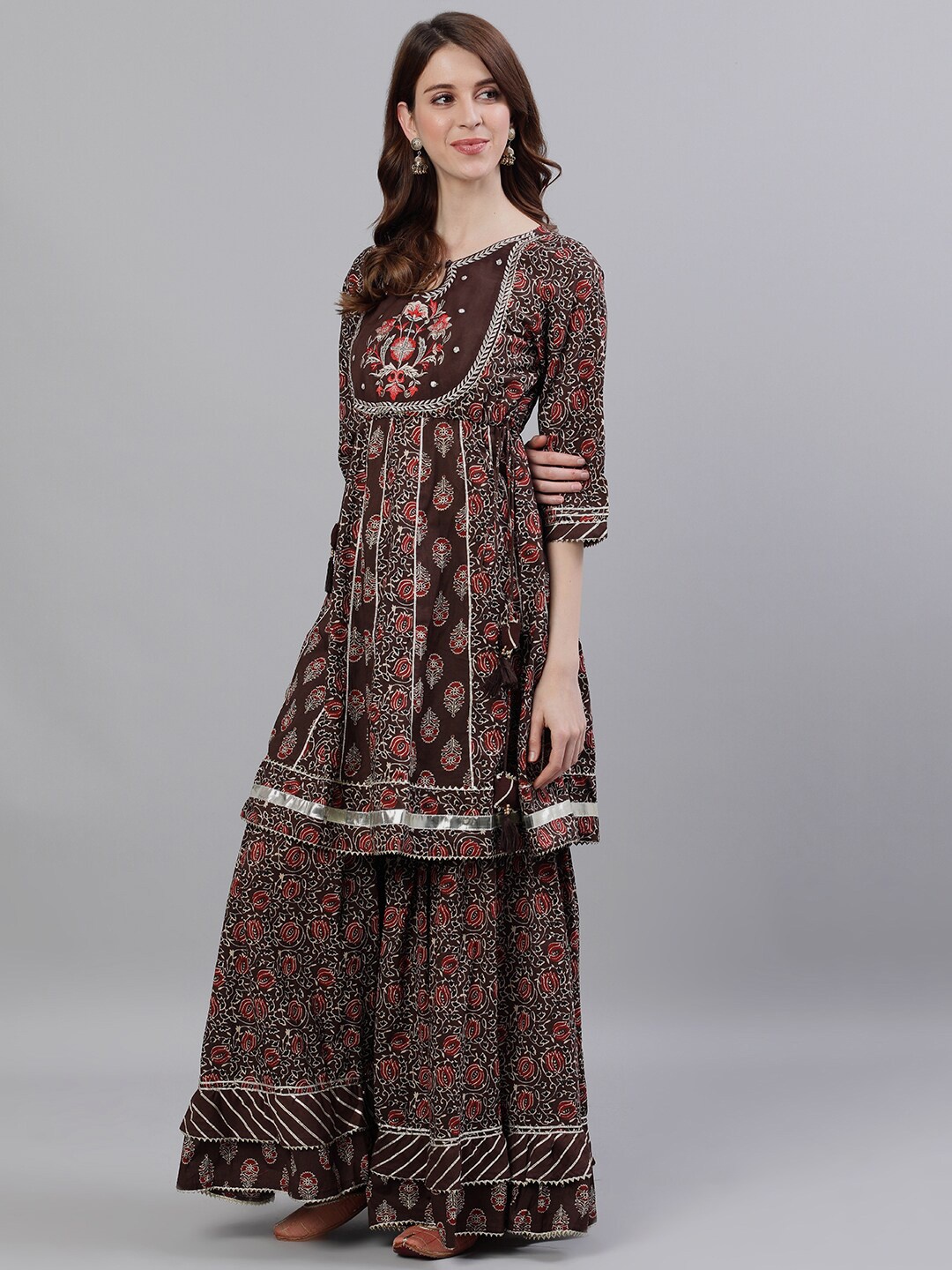 

Ishin Women Brown Embroidered Kurta with Sharara & Dupatta
