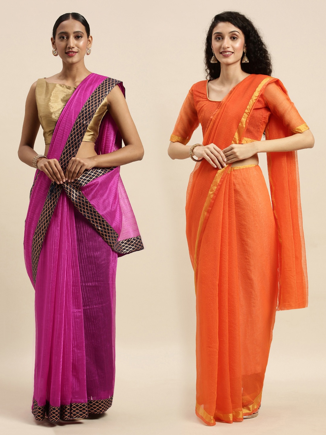 

Florence Set of 2 Pink & Orange Solid Art Silk Saree