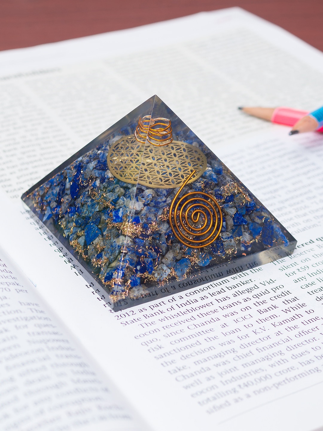 

Golden Peacock Blue & Gold-Toned Lapis Lazuli Orgone Stone Pyramid Prism Paperweight