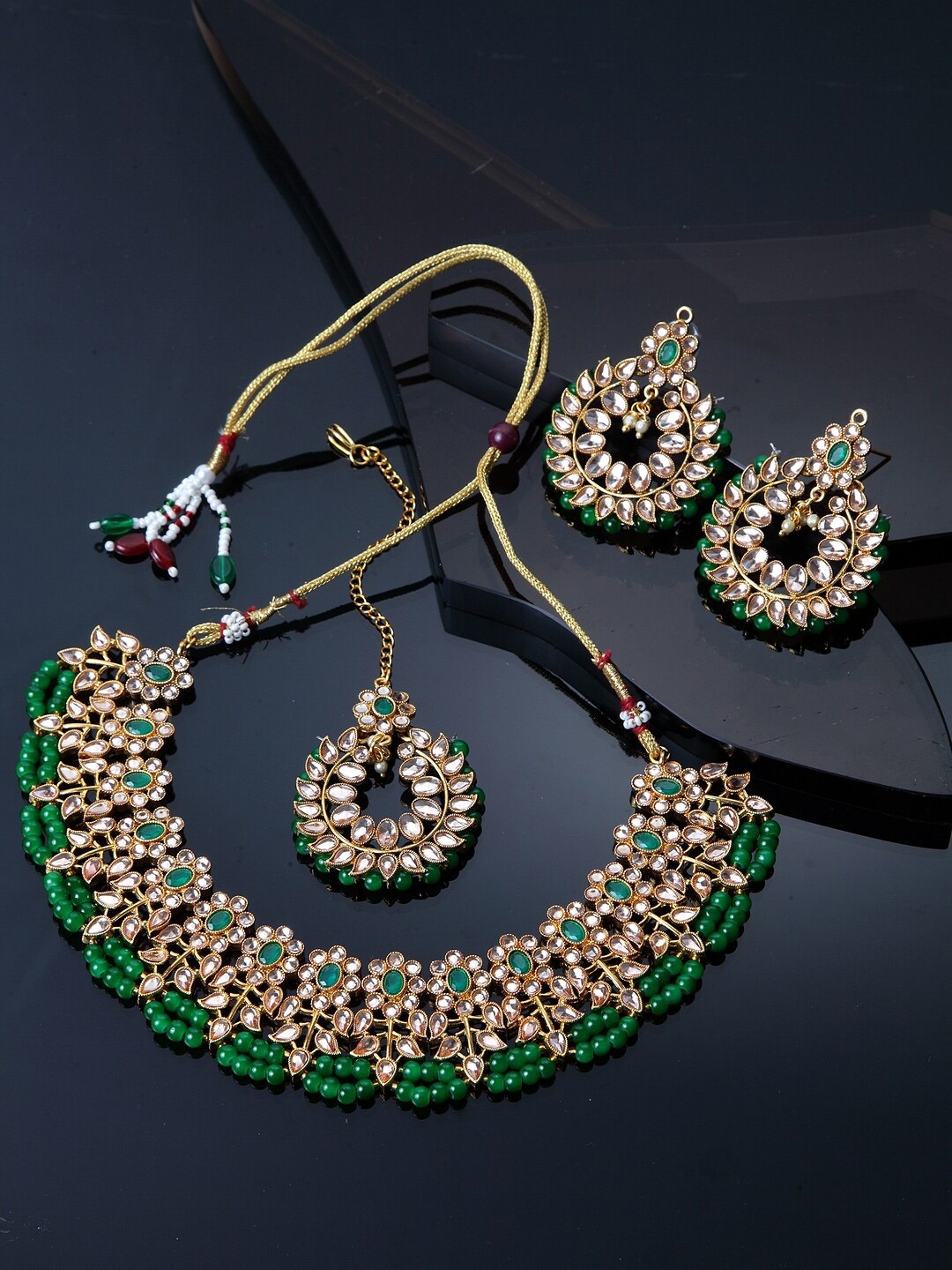 

Shining Diva Gold-Plated Green & White Kundan Studded Beaded Jewellery Set