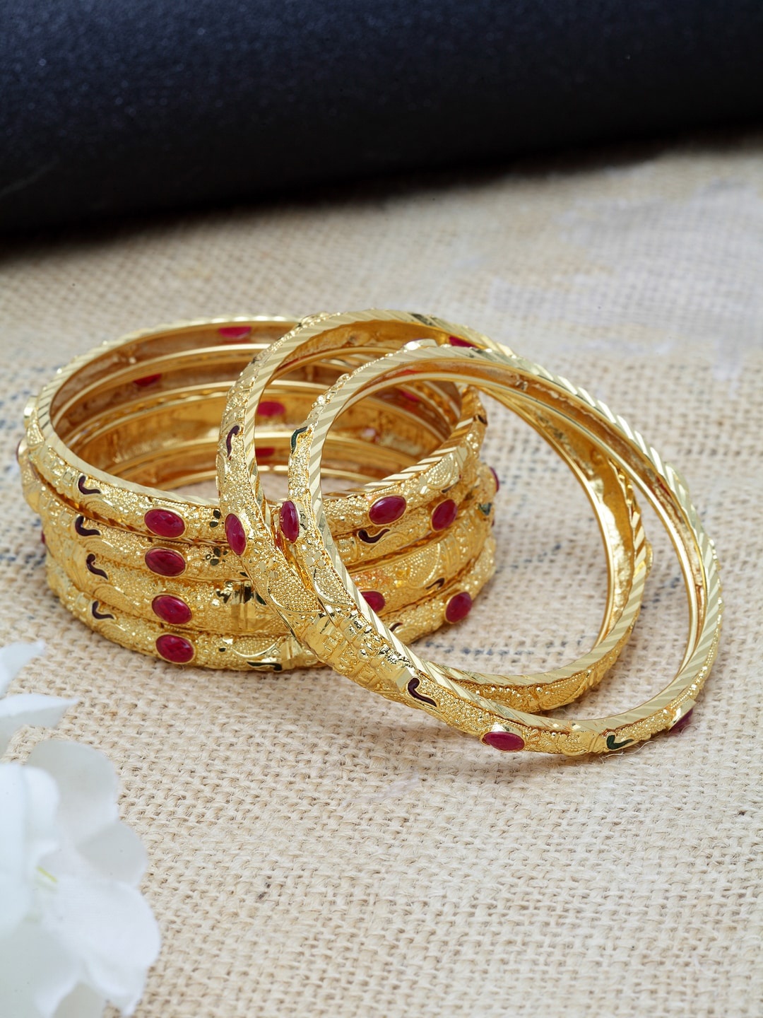 

Shining Diva Set Of 6 Gold-Plated & Pink Artificial Stone-Studded Meenakari Bangles