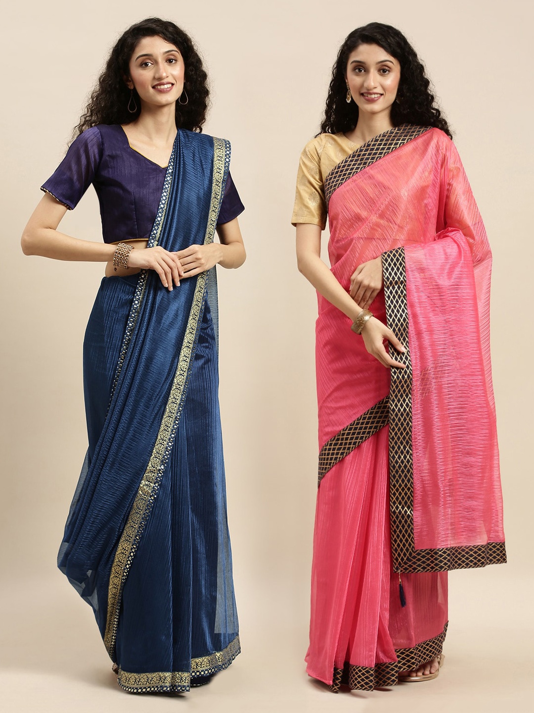 

Florence Navy Blue & Pink Art Silk Solid Saree with Zari Border Pack of 2