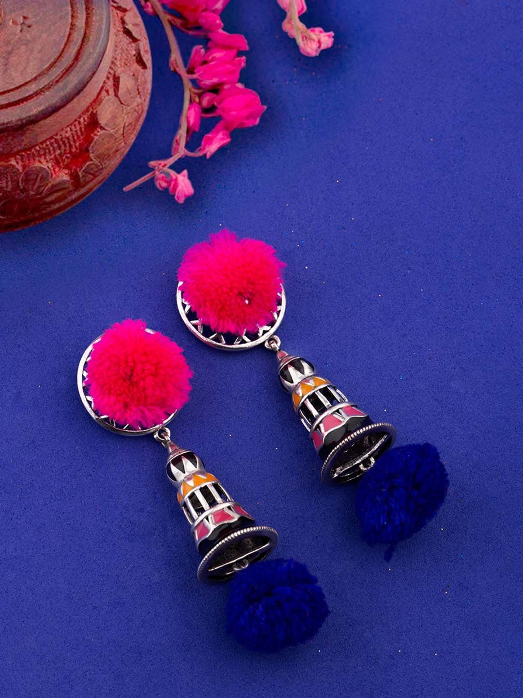 

Voylla Pink Silver-Plated Contemporary Drop Earrings