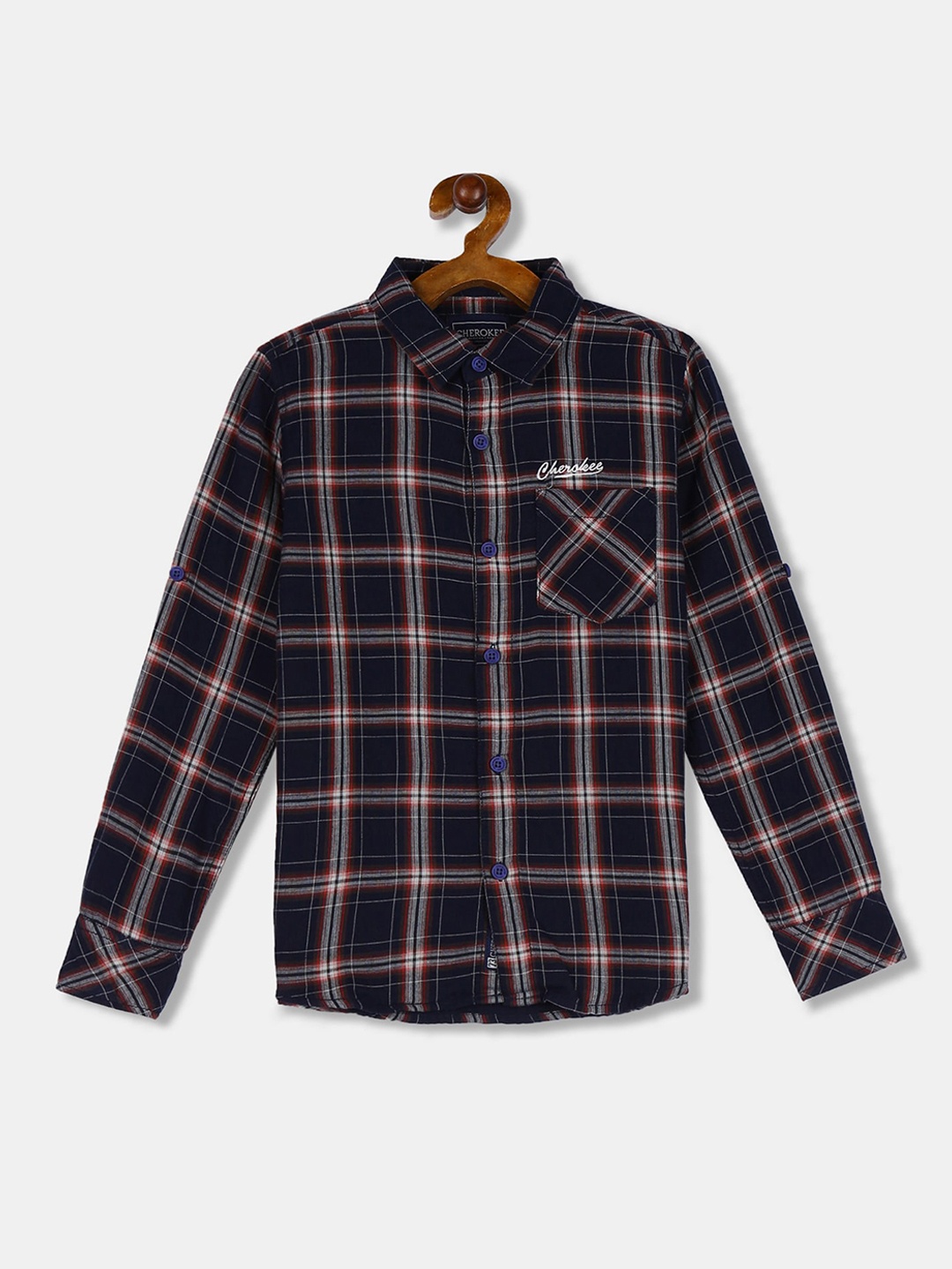 

Cherokee Boys Navy Blue & White Regular Fit Checked Casual Shirt