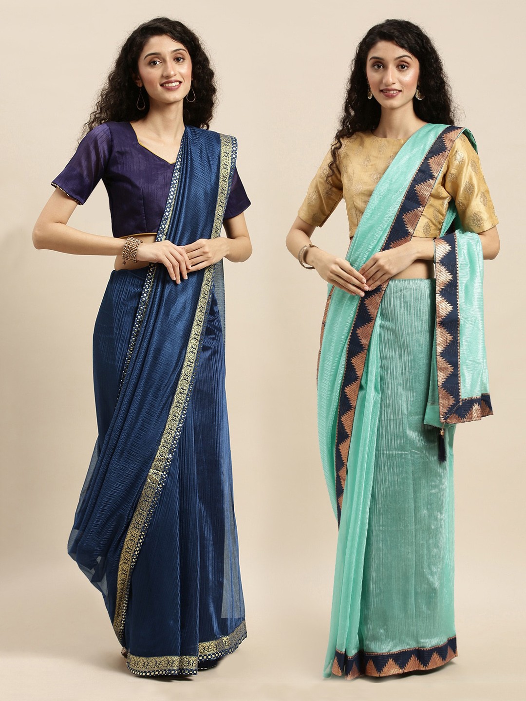 

Florence Navy Blue & Sea Green Art Silk Solid Saree with Zari Border Pack of 2