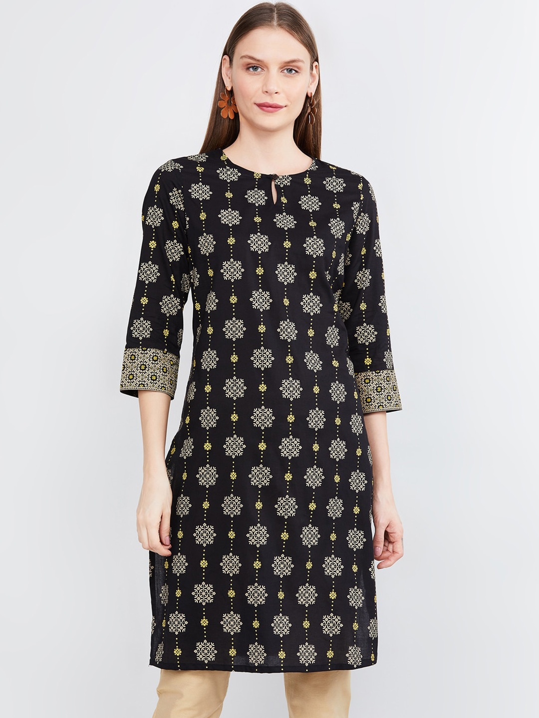 

max Women Black & Beige Printed Straight Kurta