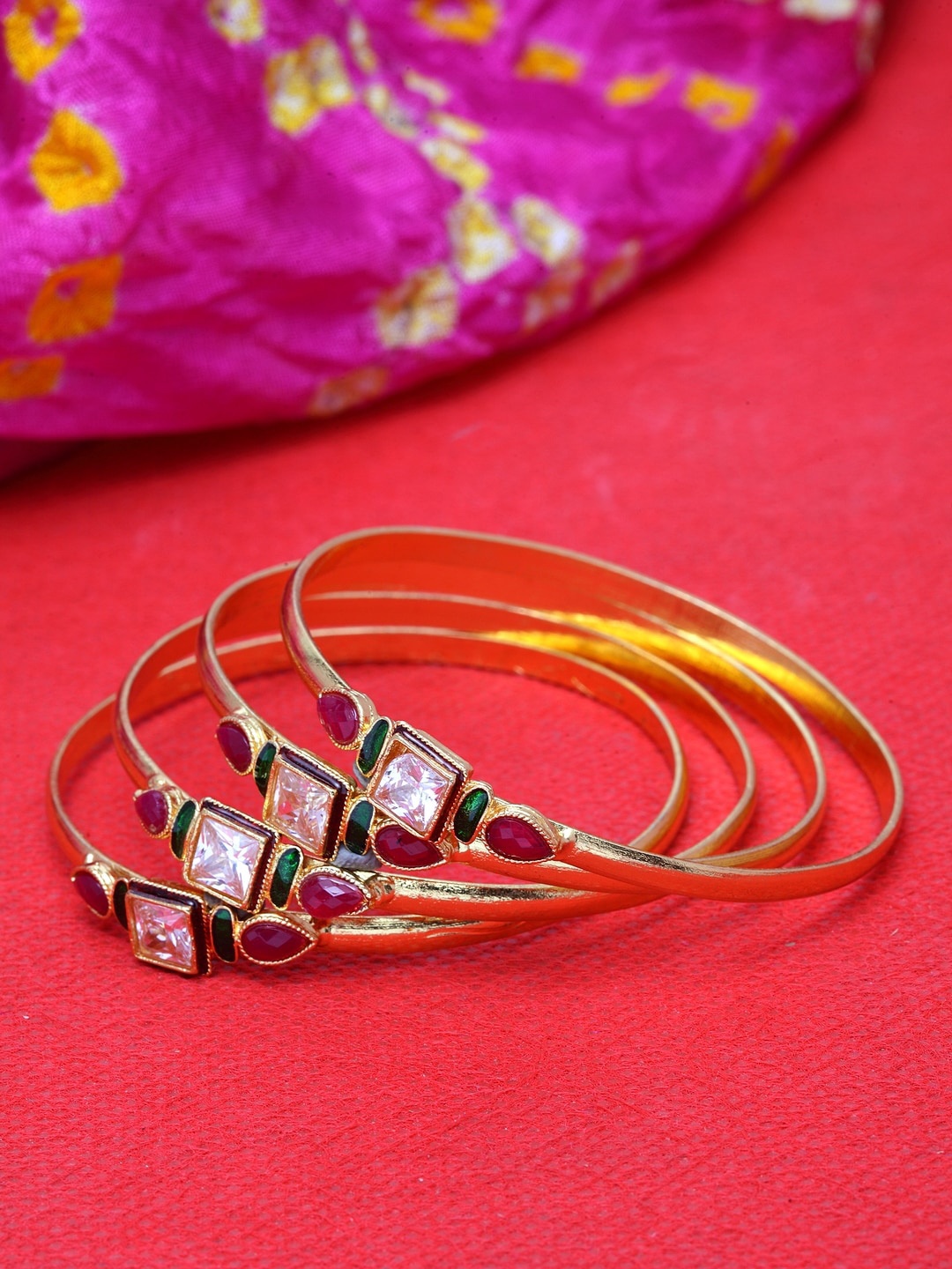 

Shining Diva Set Of 4 Gold-Plated White & Red Stone-Studded Meenakari Bangles