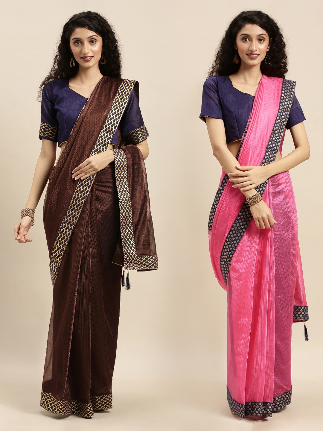 

Florence Brown & Pink Art Silk Solid Saree with Zari Border Pack of 2