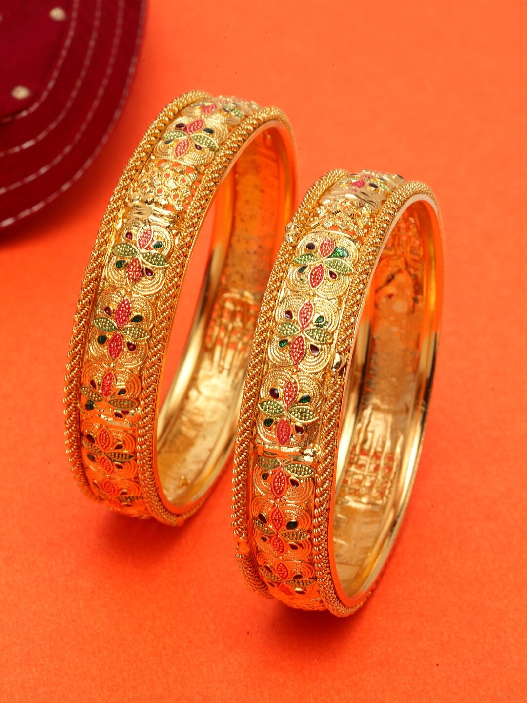 

Shining Diva Set of 2 Gold Plated Green & Red Meenakari Bangles
