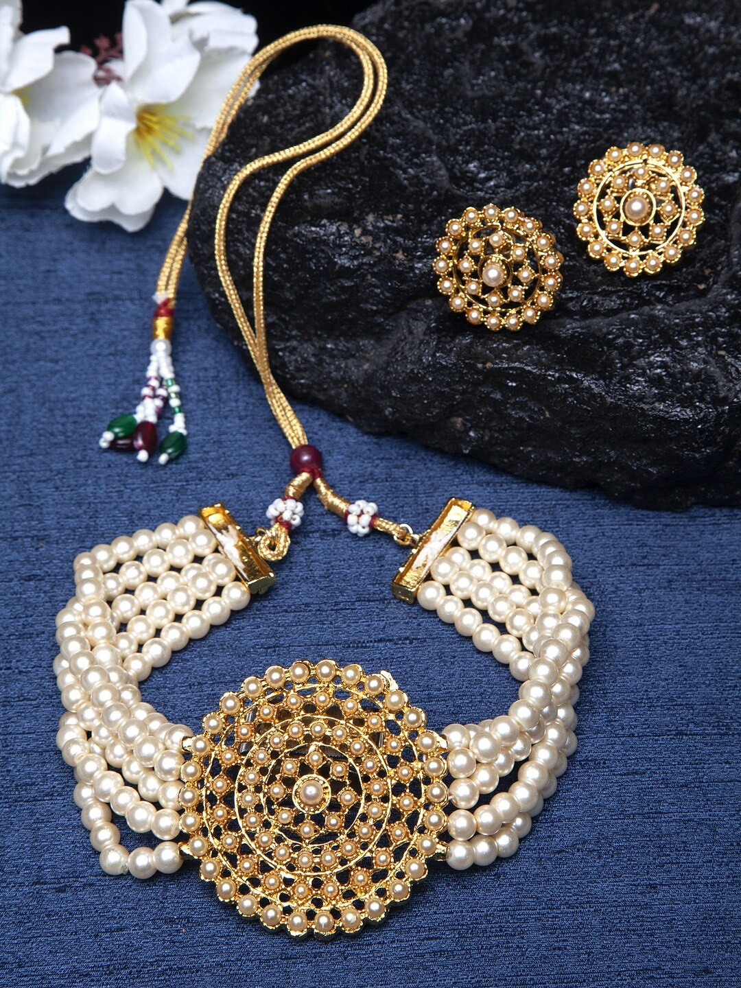

Shining Diva Gold Plated White Pearl Beaded Jewellery Set