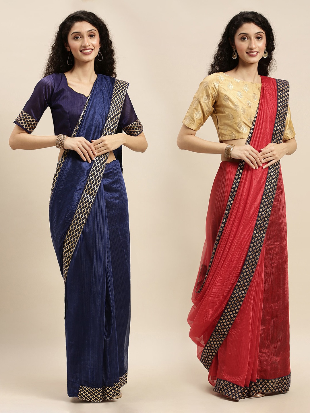 

Florence Navy Blue & Red Set of 2 Art Silk Solid Saree