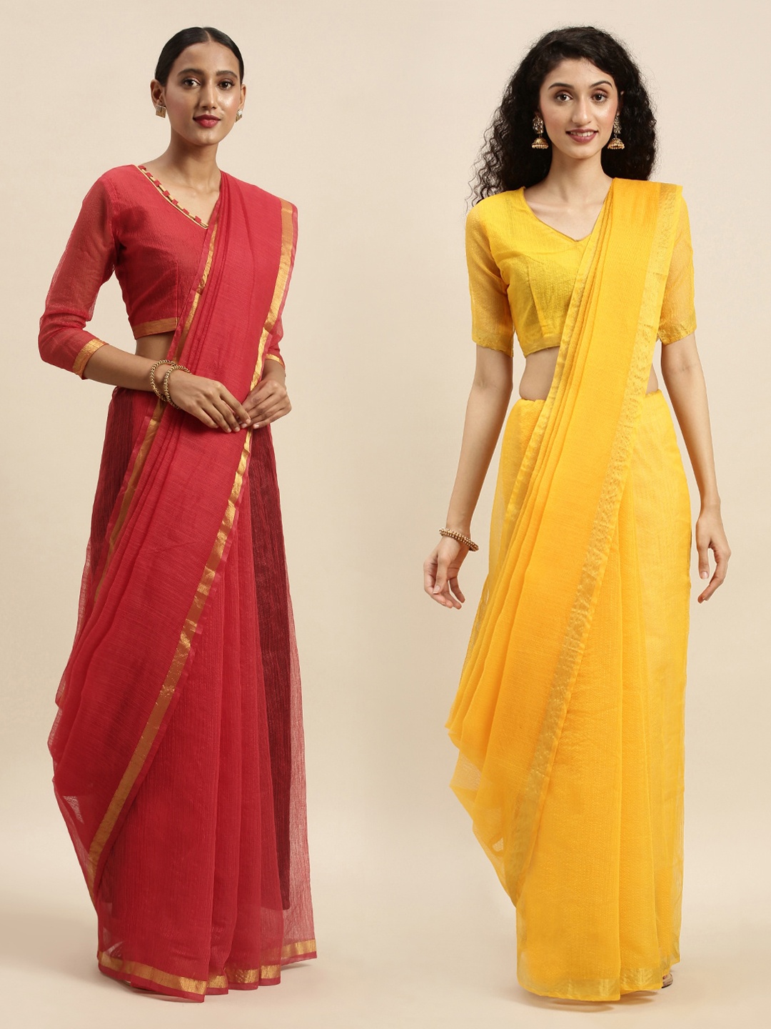 

Florence Red & Yellow Art Silk Solid Saree with Zari Border Pack of 2