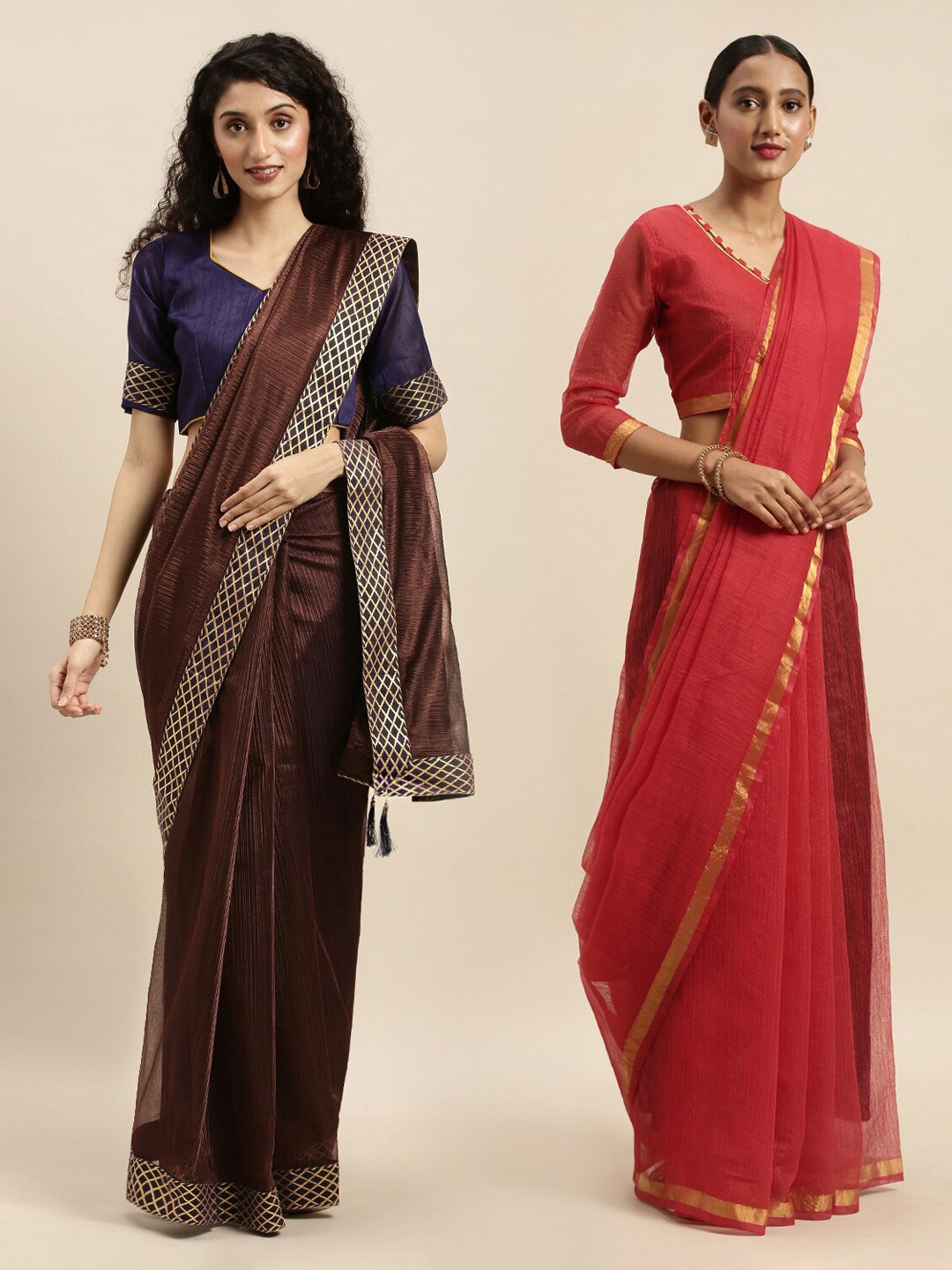 

Florence Brown & Red Art Silk Solid Saree Combo