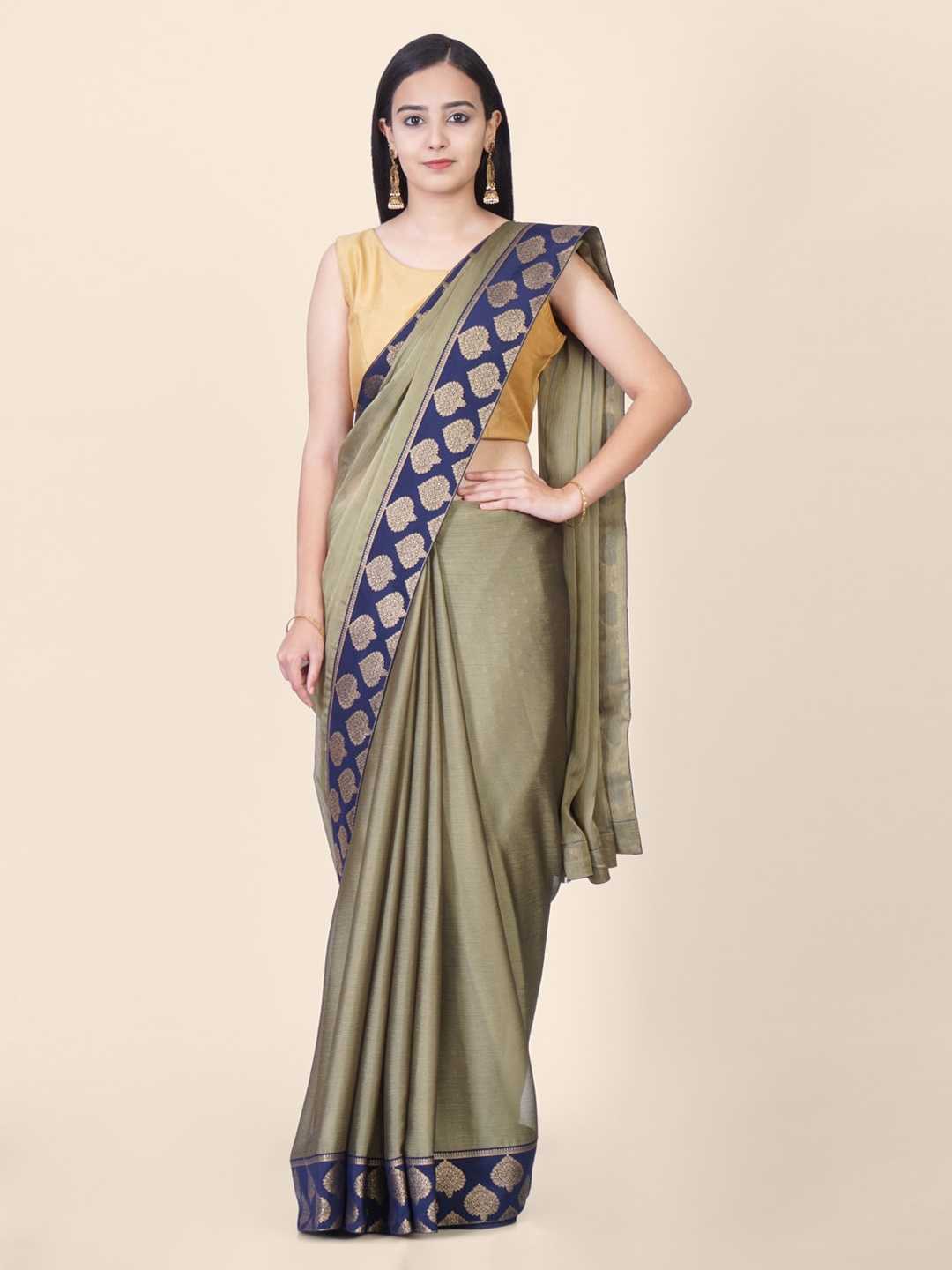 

Hastakala Olive Green Pure Chiffon Solid Banarasi Saree