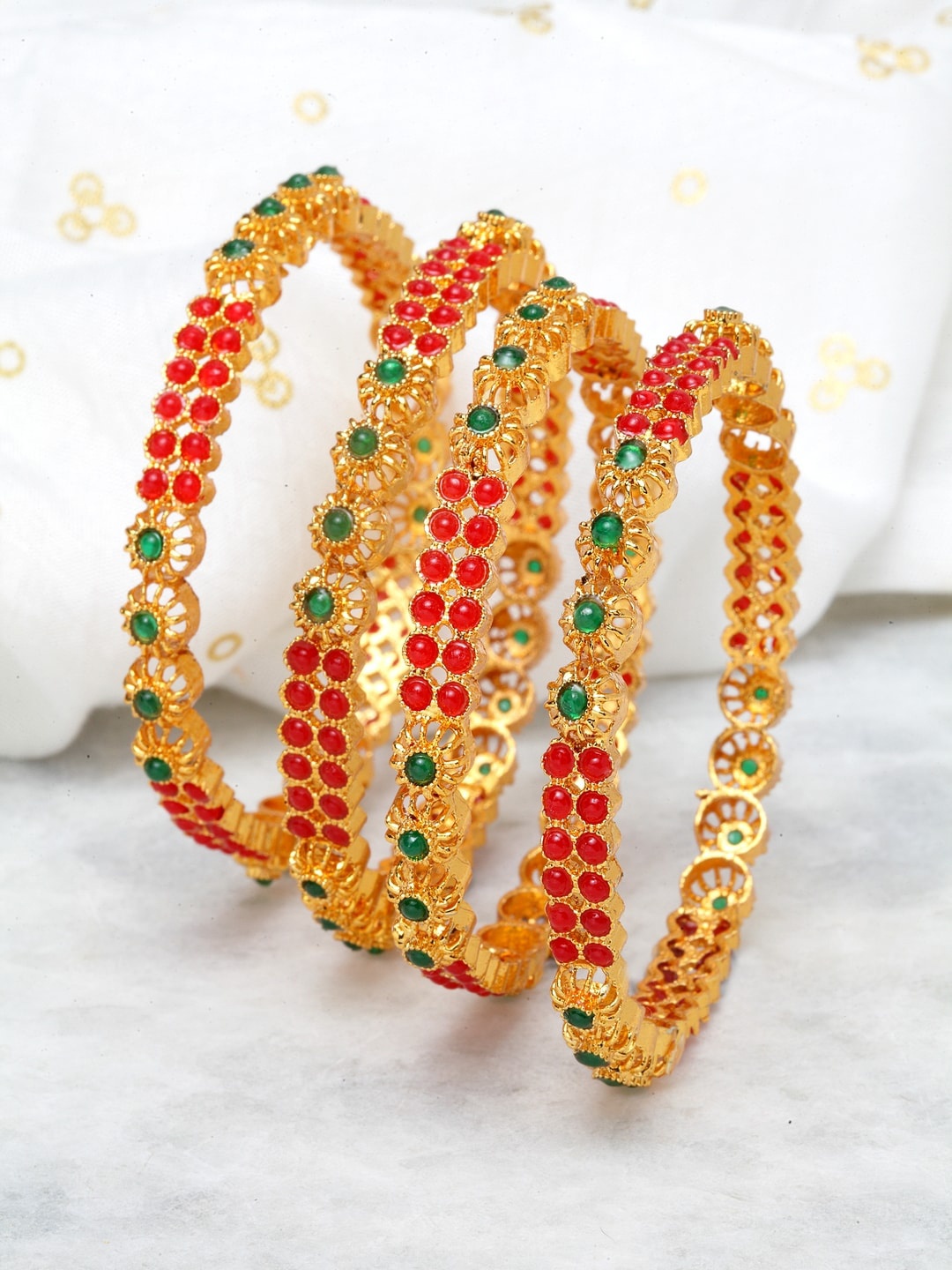 

Set Of 4 Gold-Plated Red & Green Crystal-Studded Antique Bangles