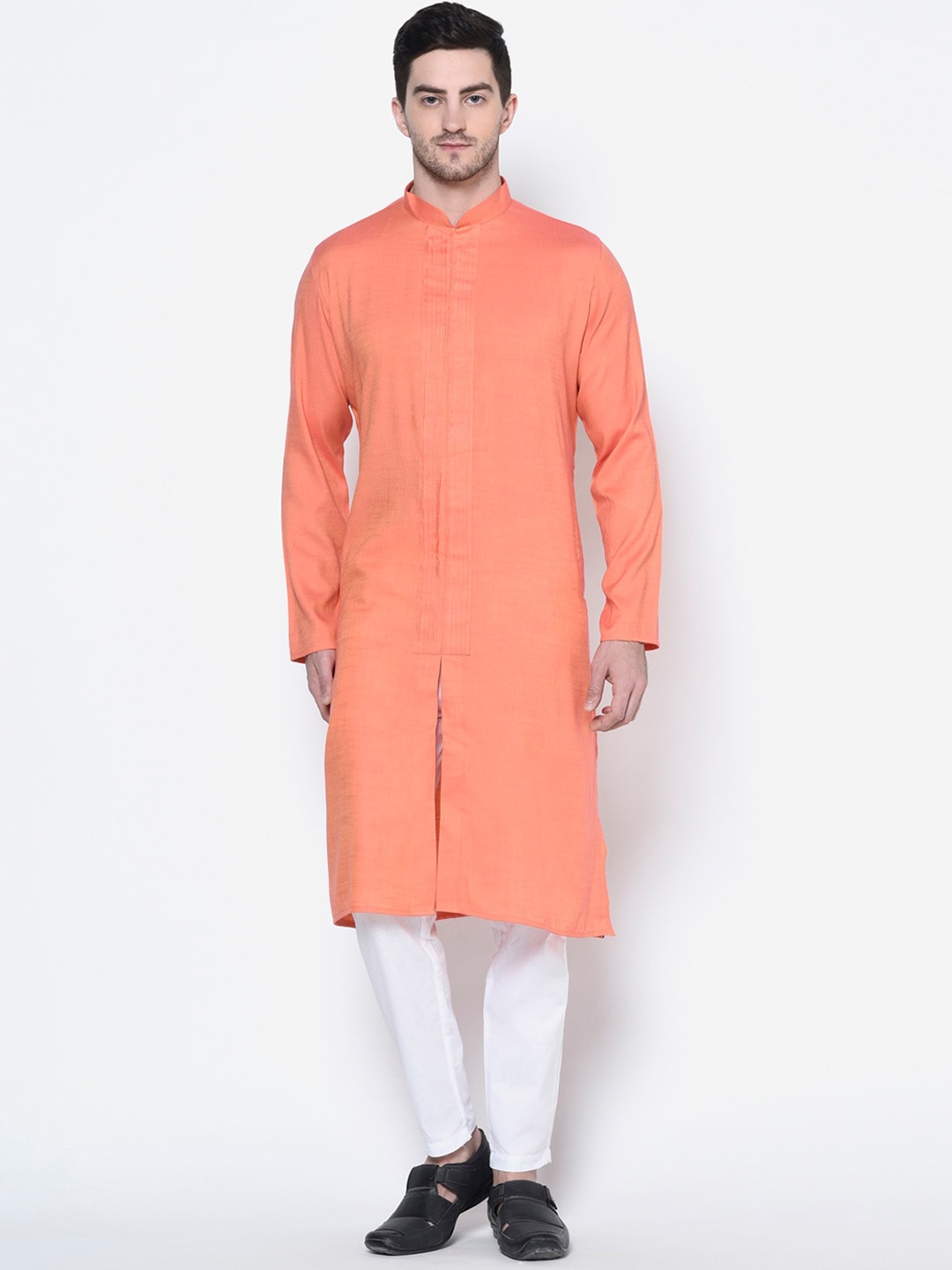 

DEYANN Men Peach-Coloured Solid Straight Kurta