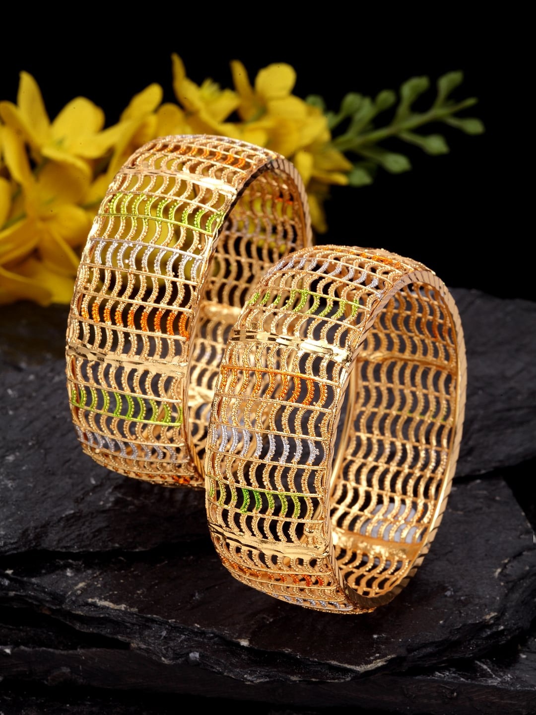 

Shining Diva Set of 2 Gold-Plated Green & Orange Meenakari Bangles