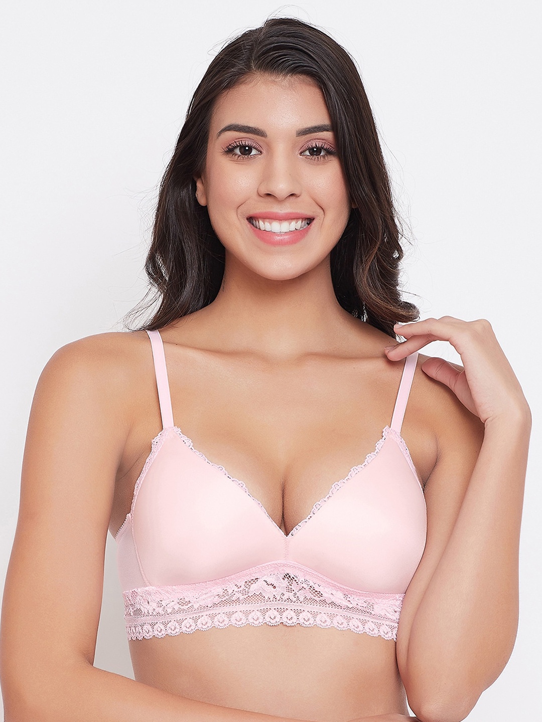 

Clovia Pink Lace Non-Wired Lightly Padded Bralette Bra BR2147P2236E