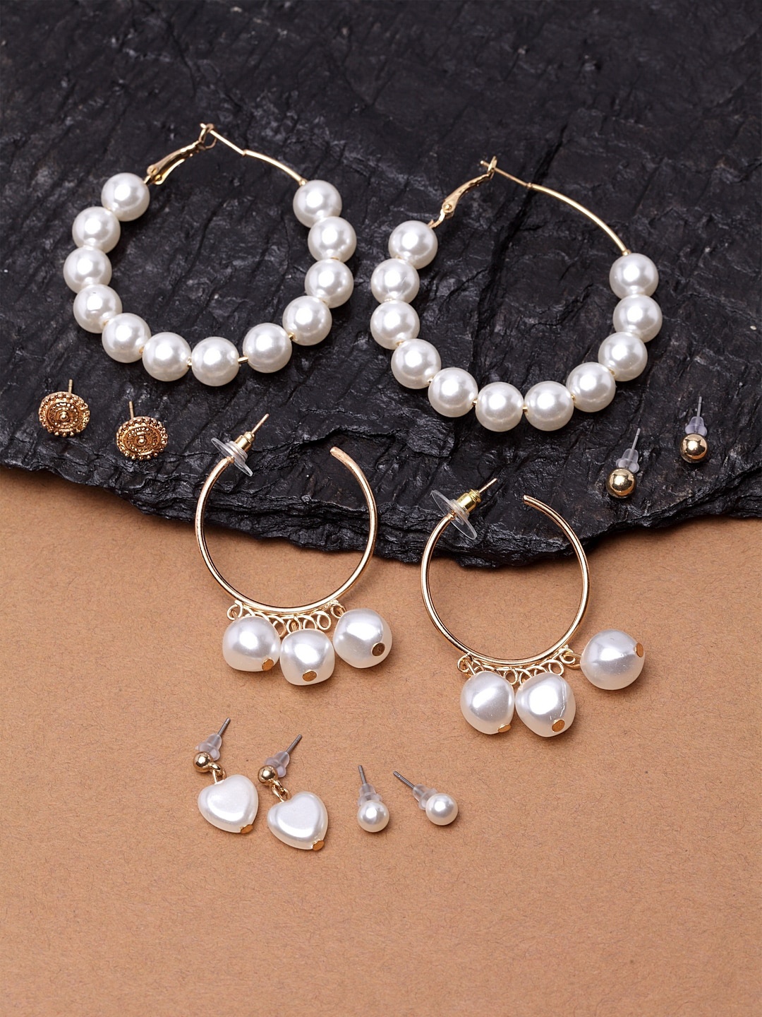 

Ferosh Pack Of 6 Gold-Toned & White Contemporary Hoop Earrings