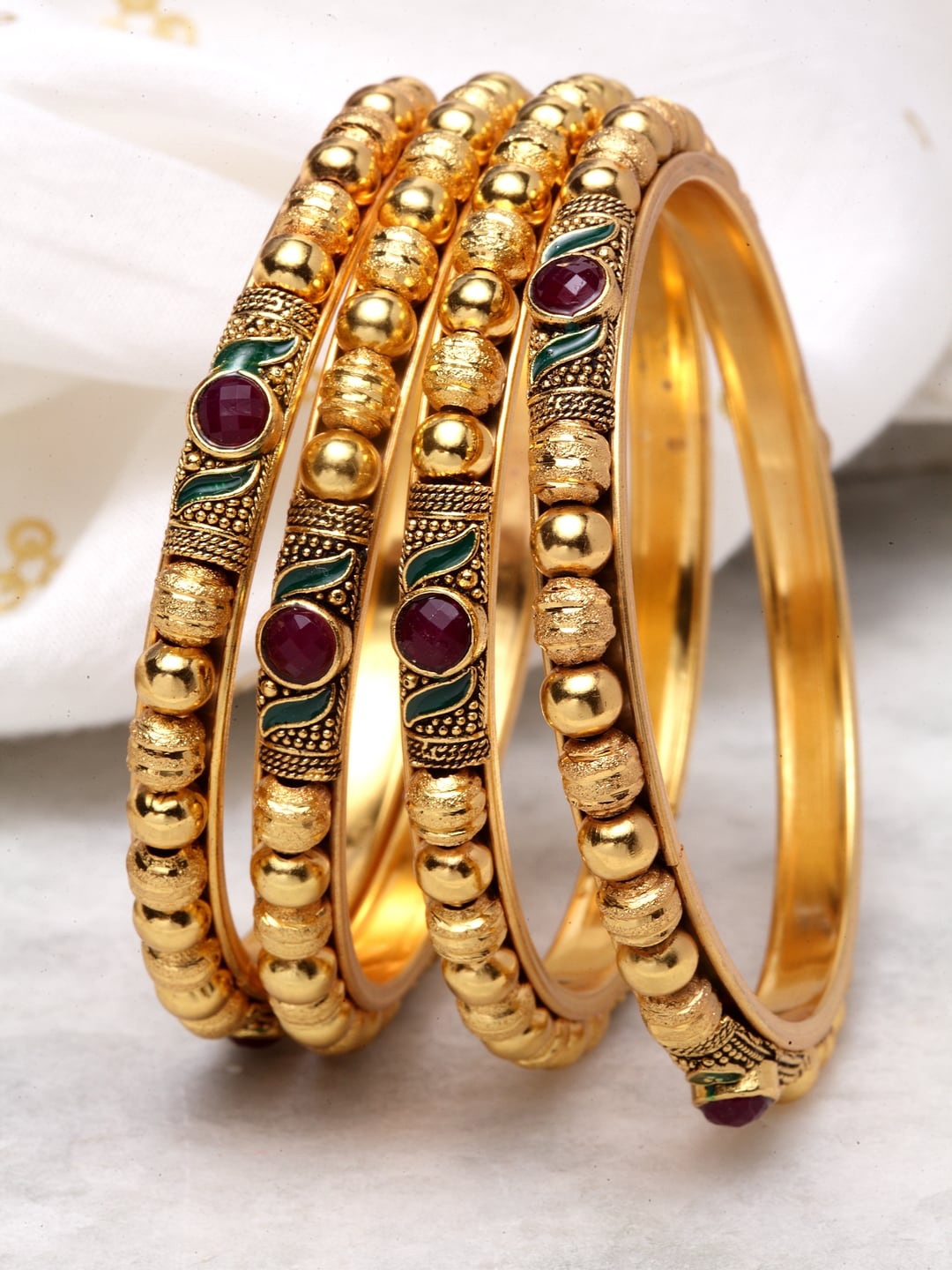 

Shining Diva Set Of 4 Gold-Plated Maroon & Green Stone-Studded Meenakari Bangles