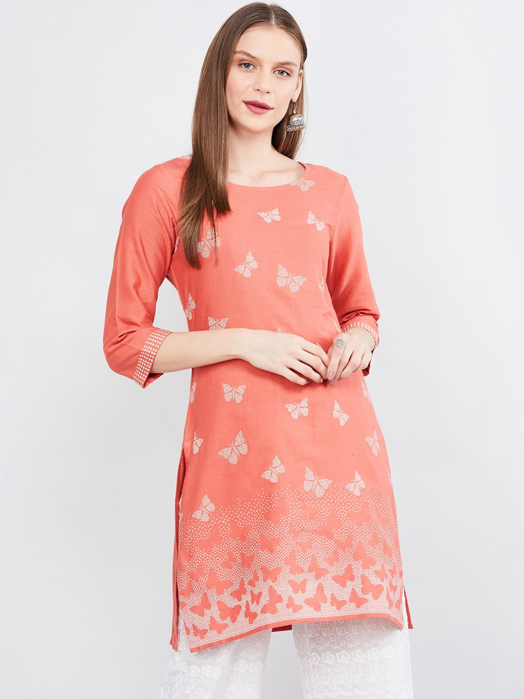

max Women Coral Orange & White Printed A-Line Kurta