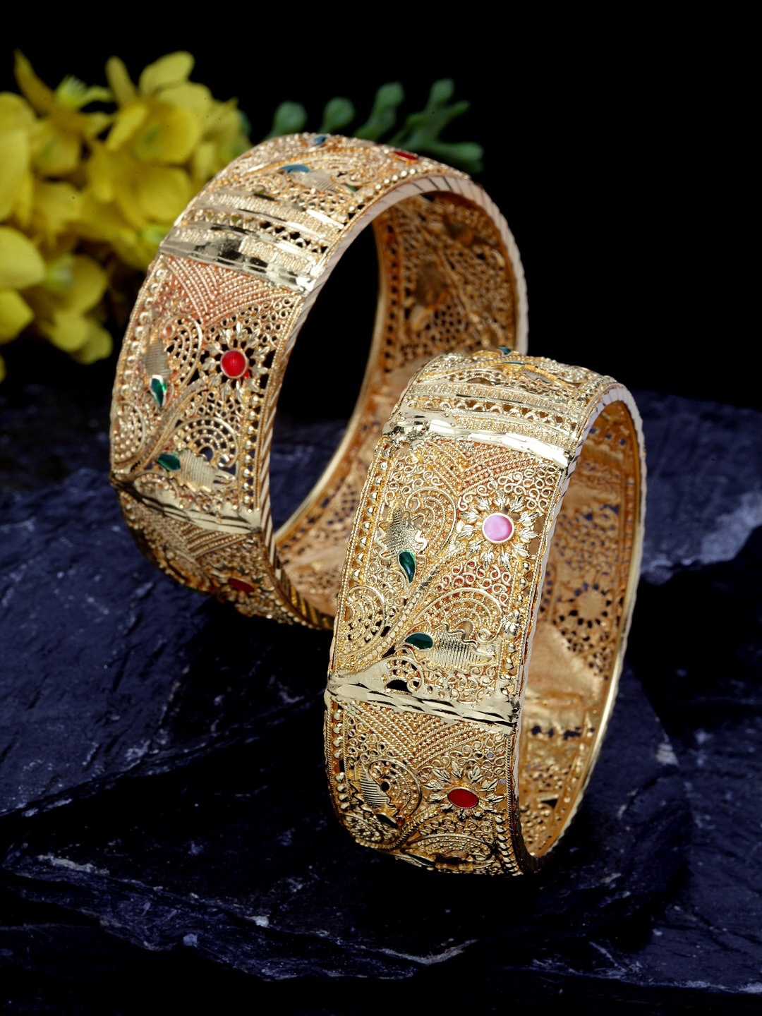 

Shining Diva Set Of 2 Gold-Plated Red & Green Meenakari Bangles