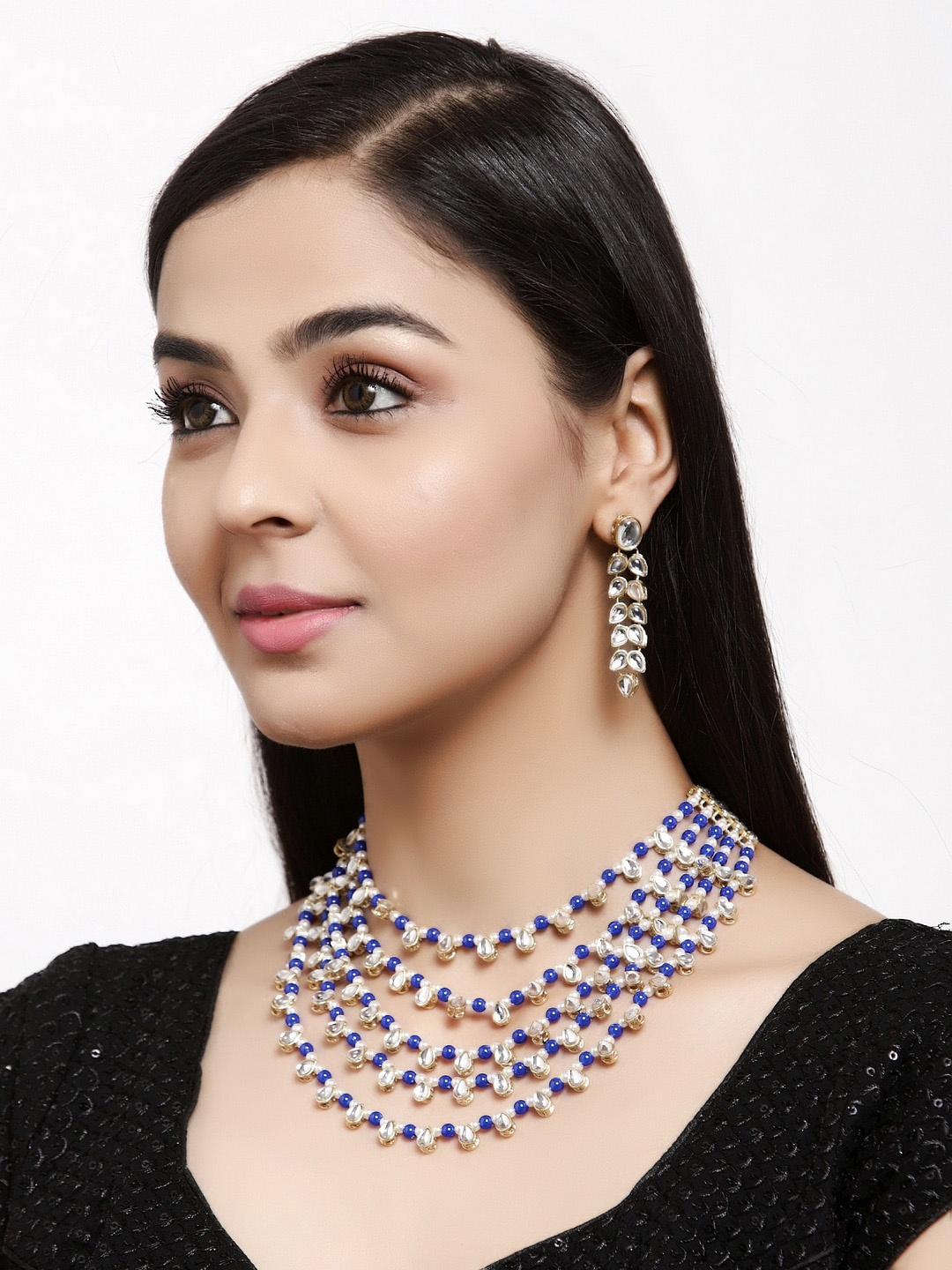 Shining Diva Gold-Plated White & Blue Kundan Studded Multi-Layered Jewellery Set