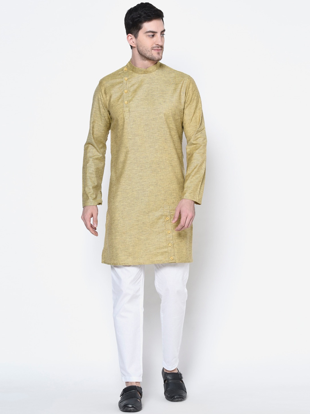 

DEYANN Men Olive Green Woven Design Straight Kurta