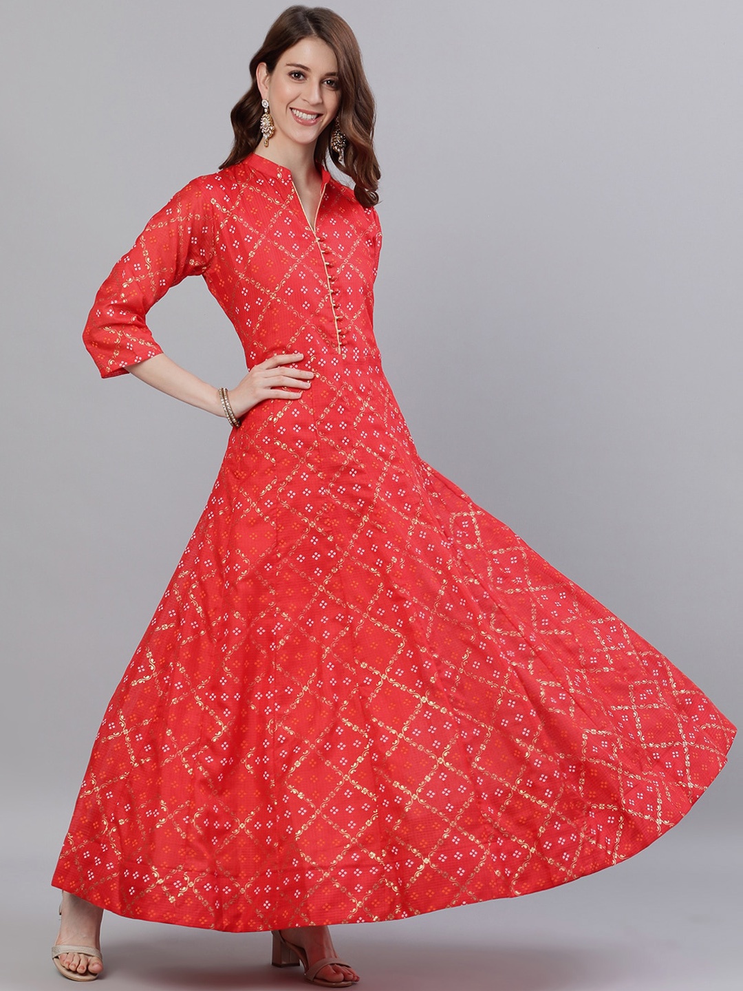 

Ishin Women Red Printed Maxi Dress