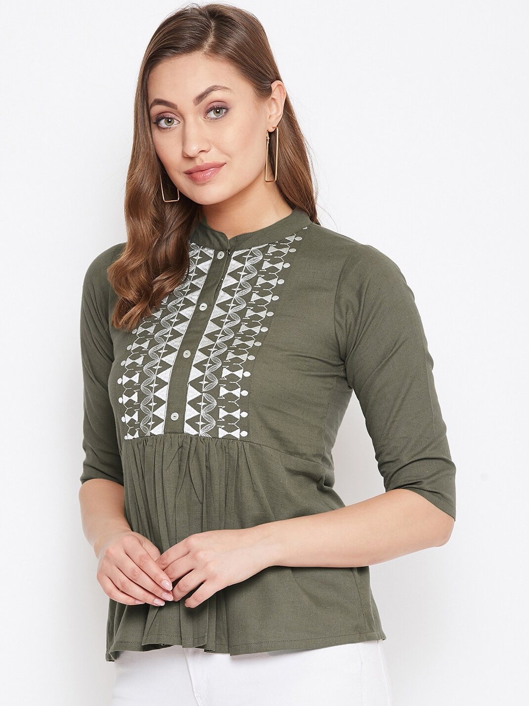 

WineRed Women Grey Cotton Embroidered A-line top