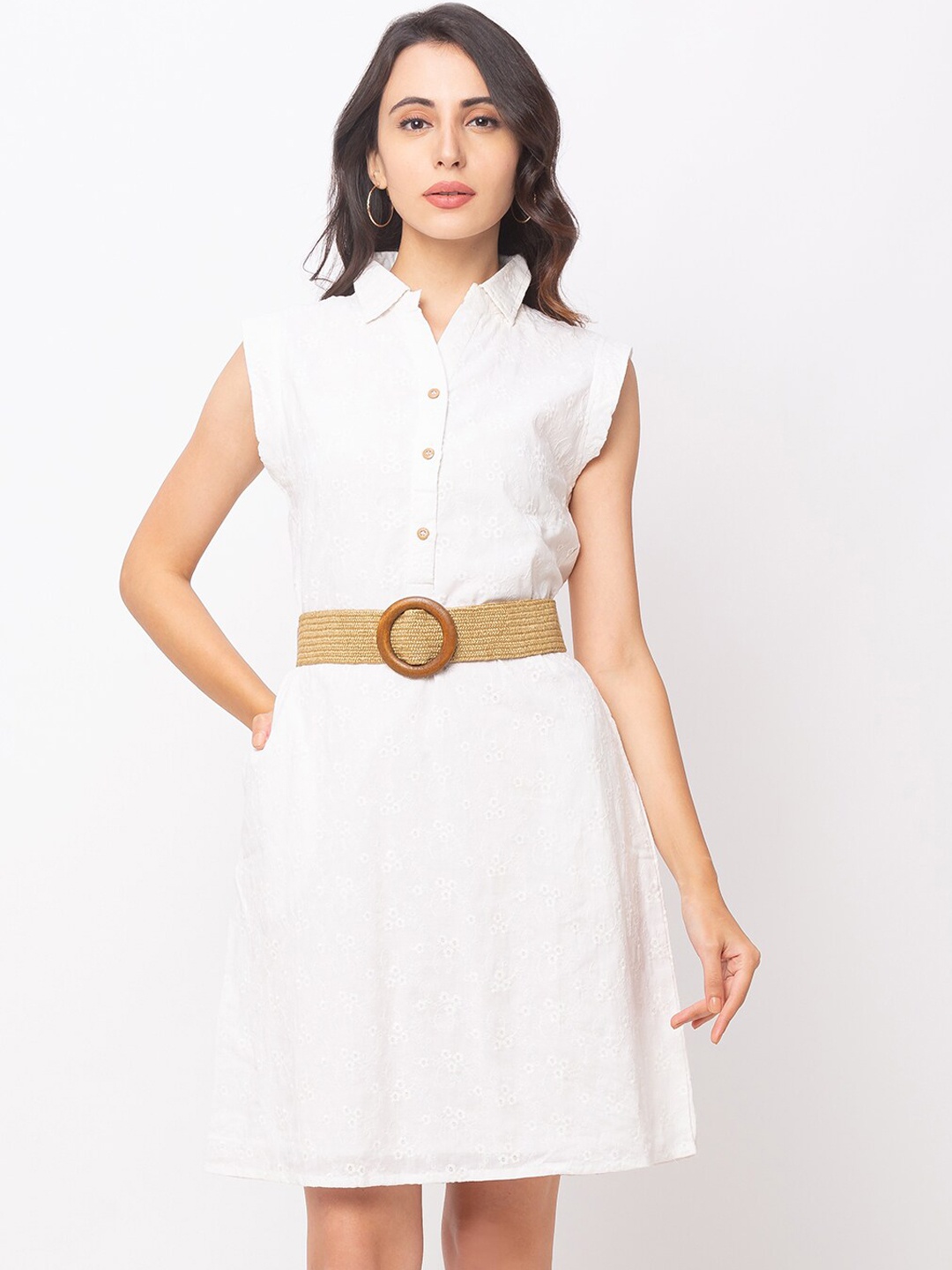 Globus Women Off-White Embroidered Fit and Flare Dress