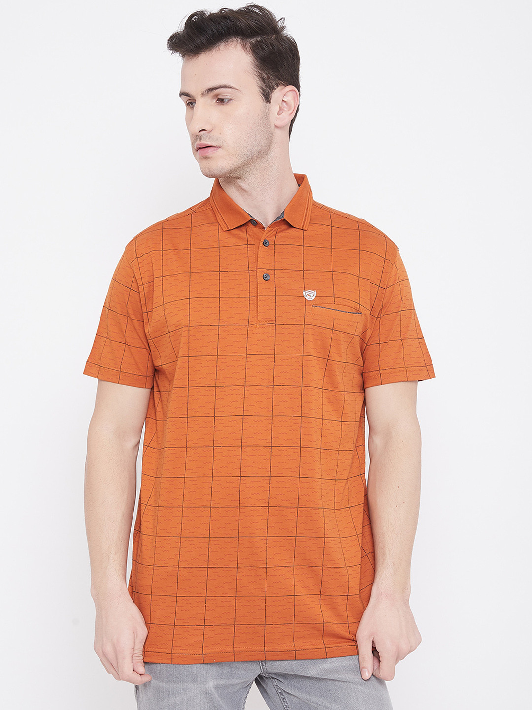 

Duke Men Orange Checked Polo Collar T-shirt