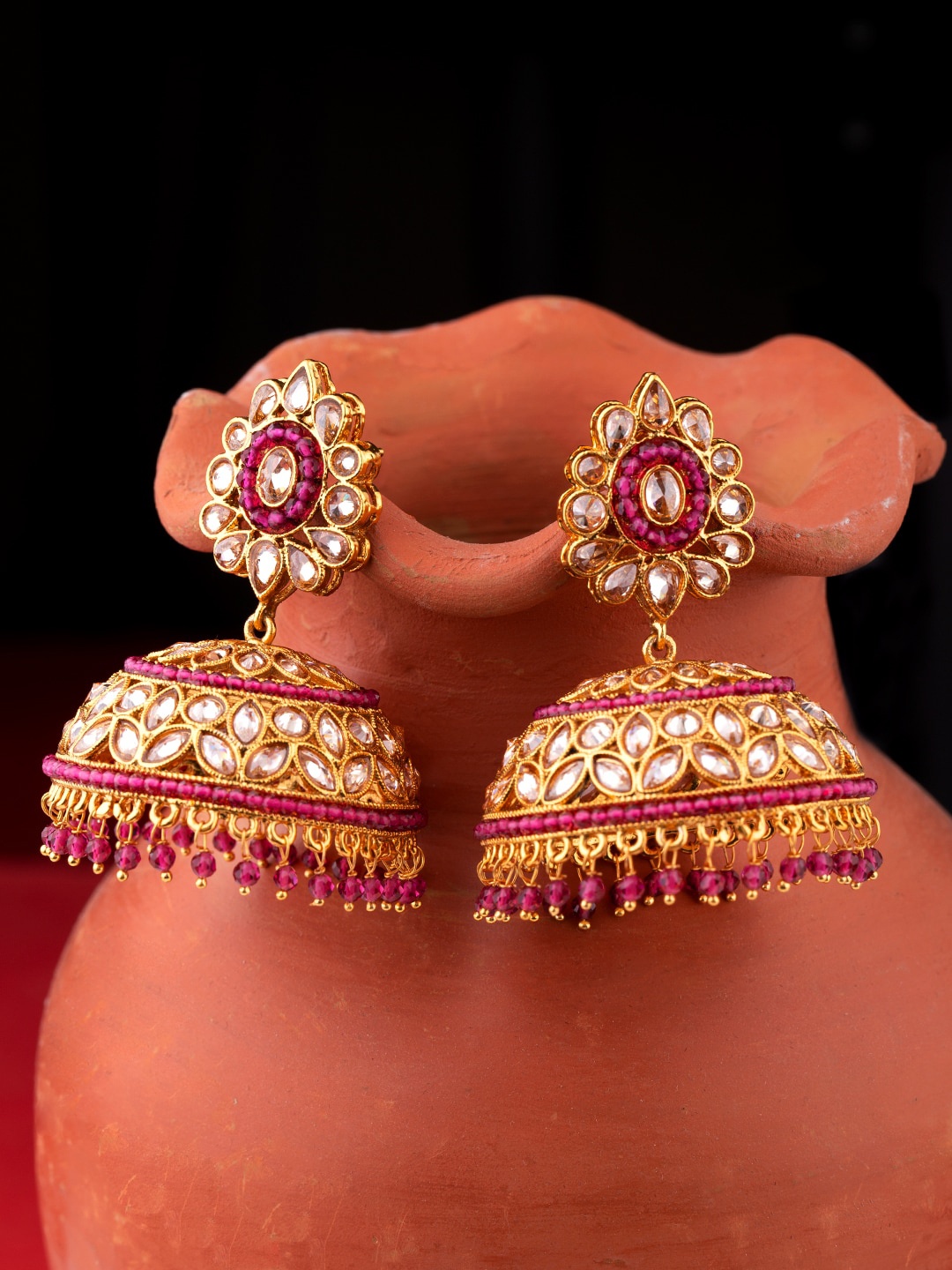 

Voylla Gold-Plated Red CZ-Studded Dome Shaped Jhumkas