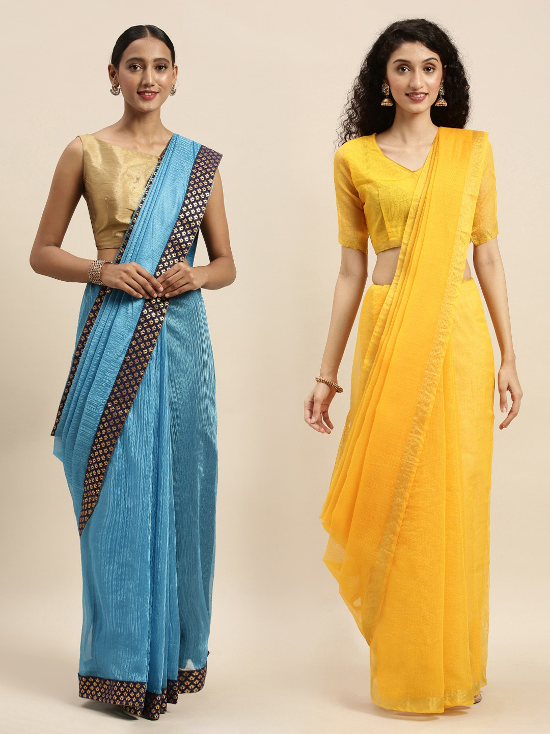 

Florence Blue & Yellow Art Silk Solid Saree with Zari Border Pack of 2