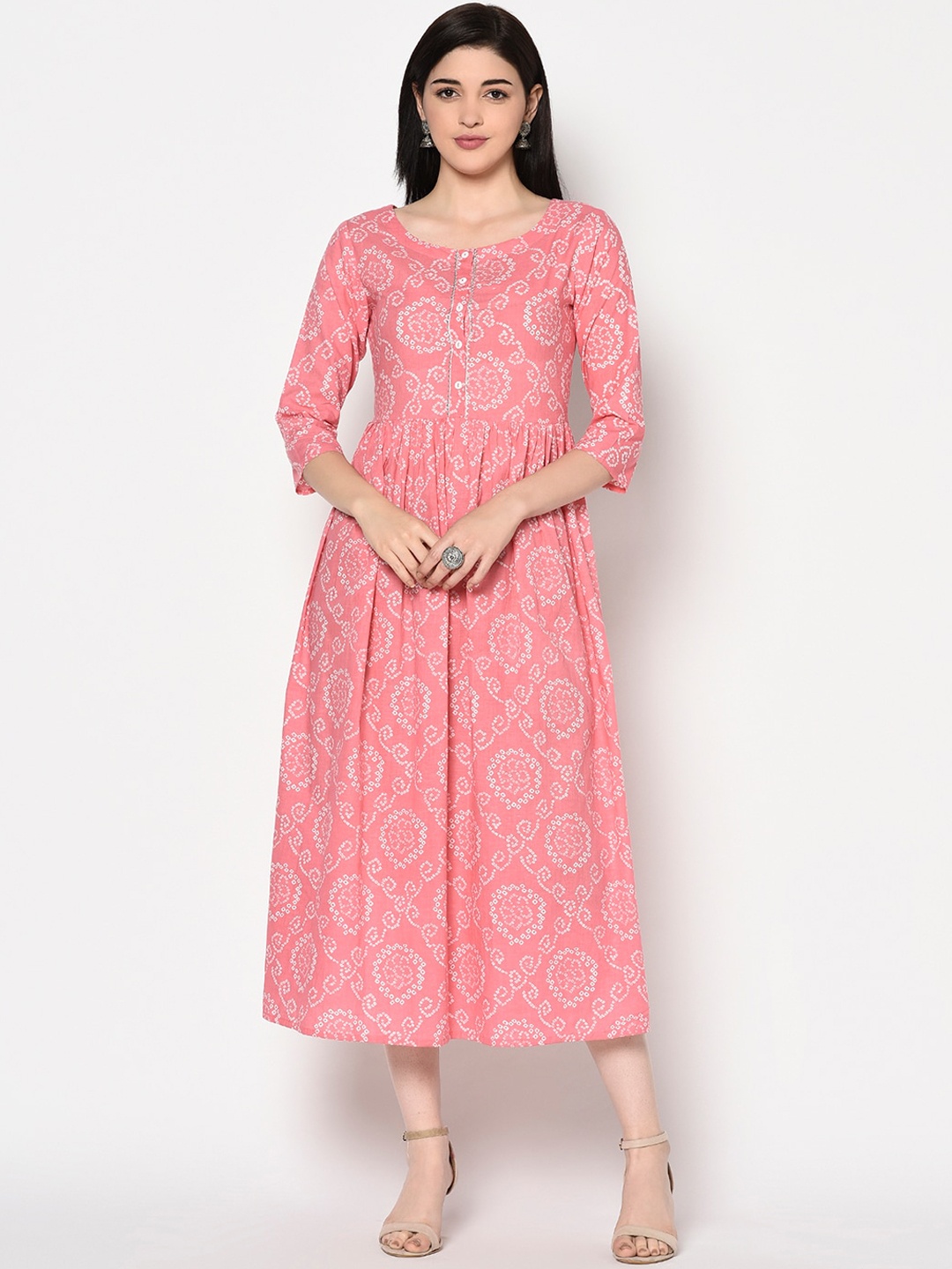

GULMOHAR JAIPUR Women Pink Printed Cotton Ethnic Fit and Flare Dress