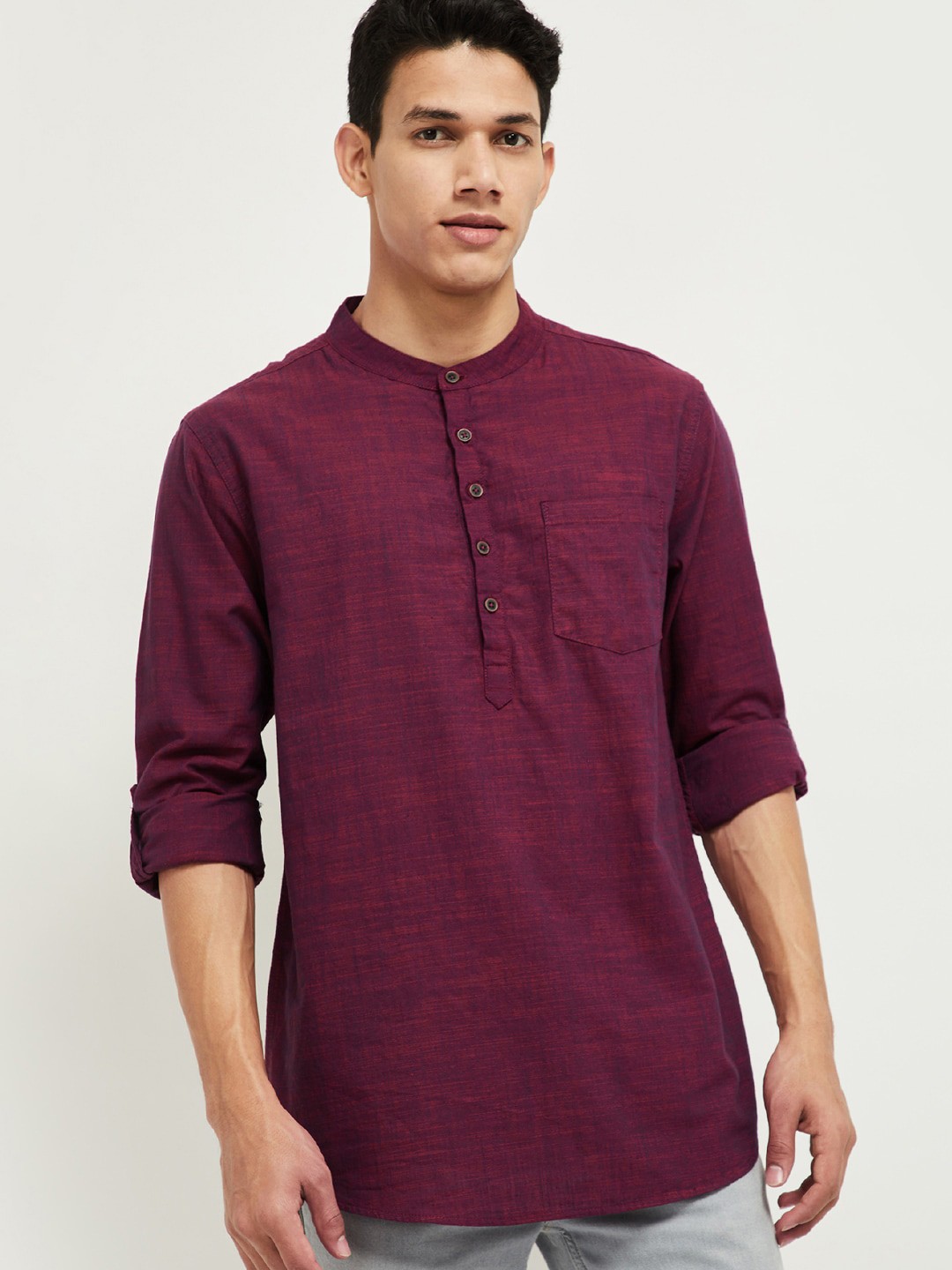 

max Men Maroon Solid Handloom Cotton Straight Kurta