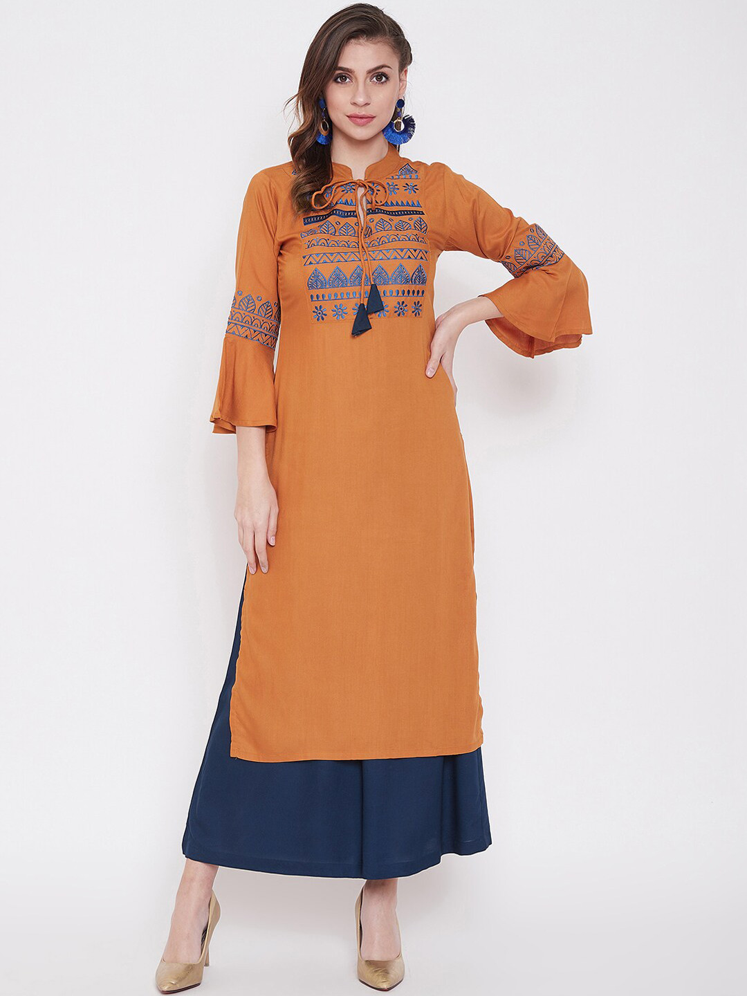 

WineRed Women Orange Embroidered Straight Kurta